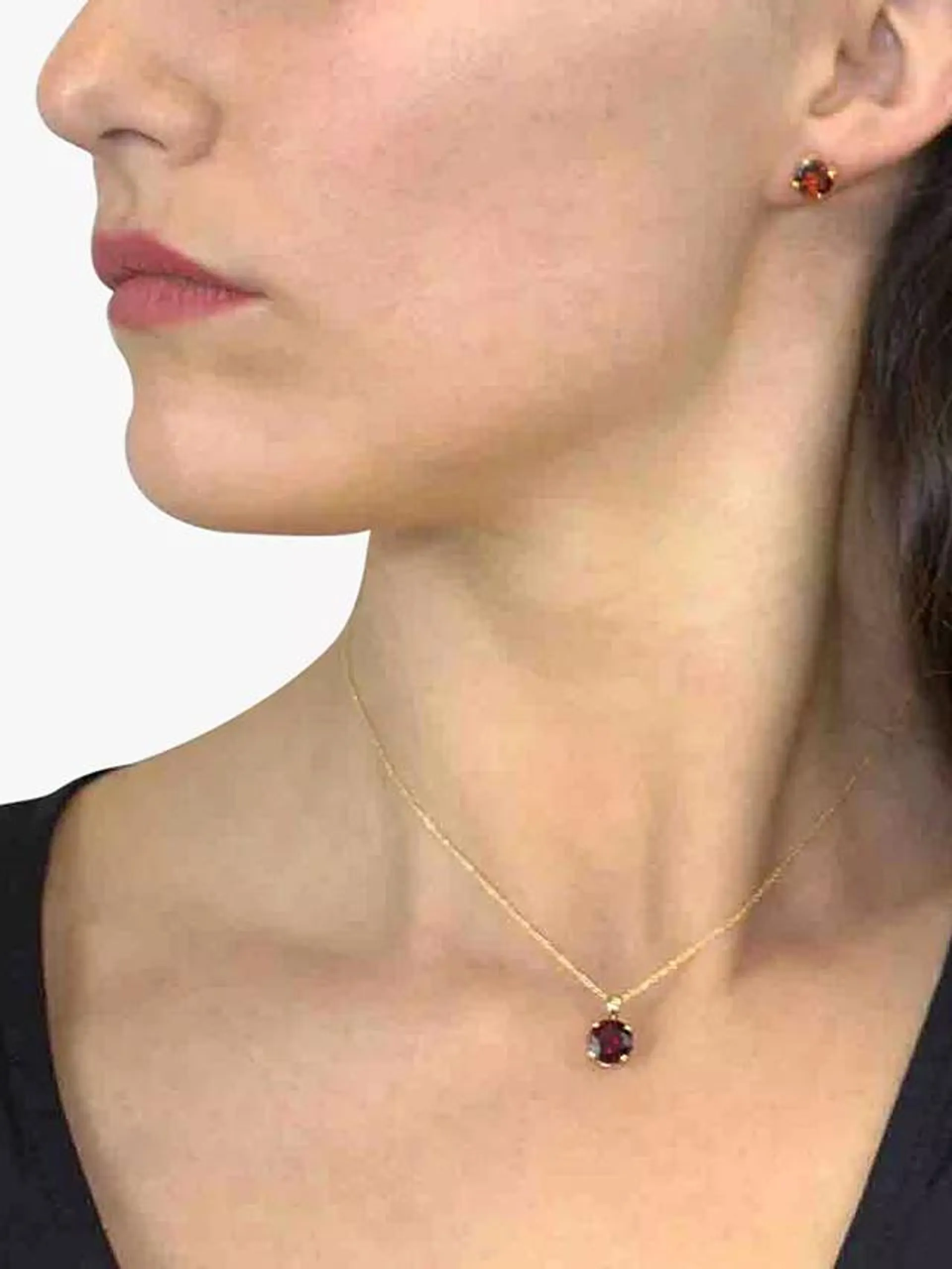 E.W Adams 9ct Yellow Gold Solitaire Garnet Pendant Necklace & Stud Earring Set, Gold/Red