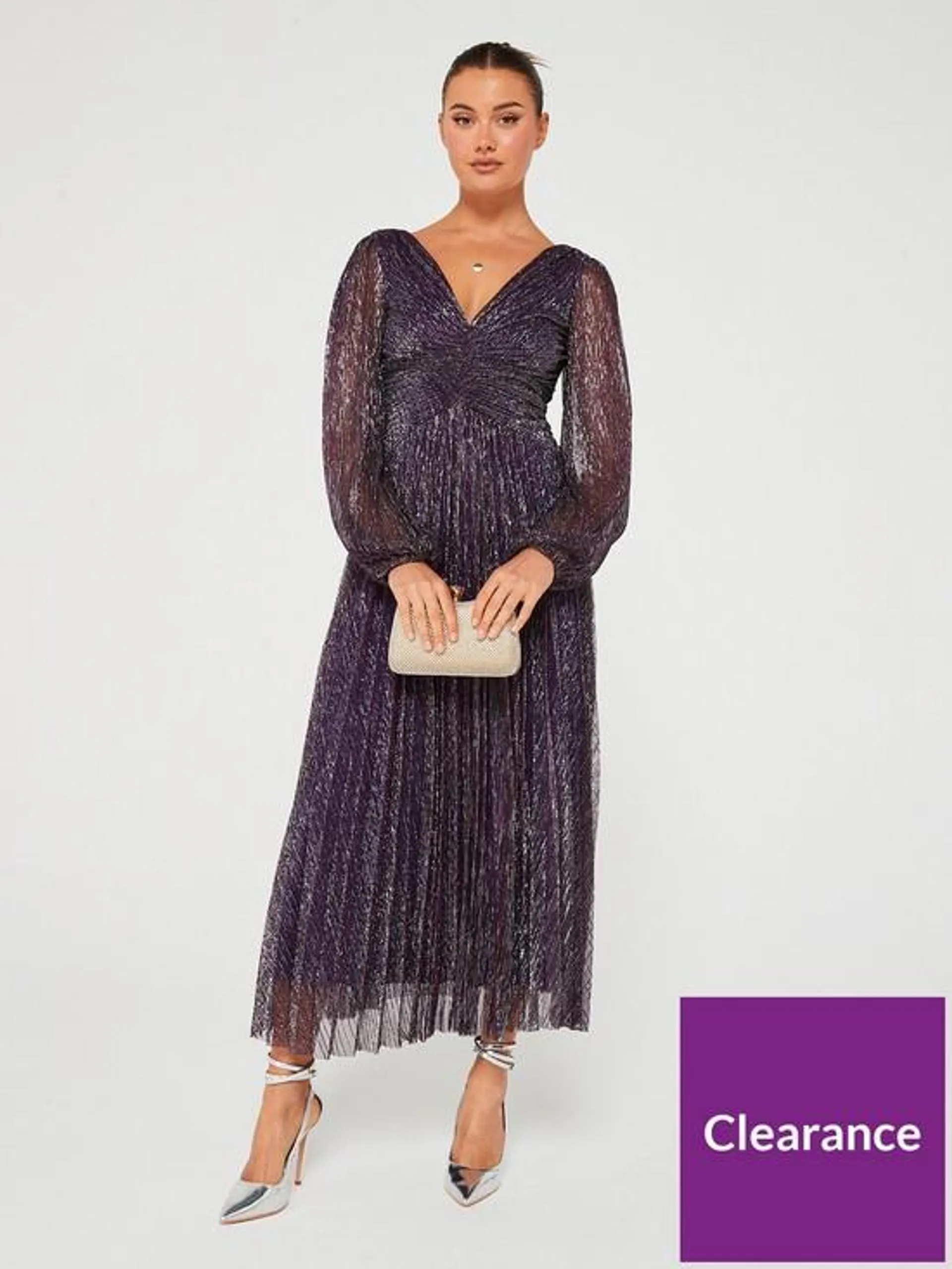 Long Sleeve Pleated Midi Dress - Purple