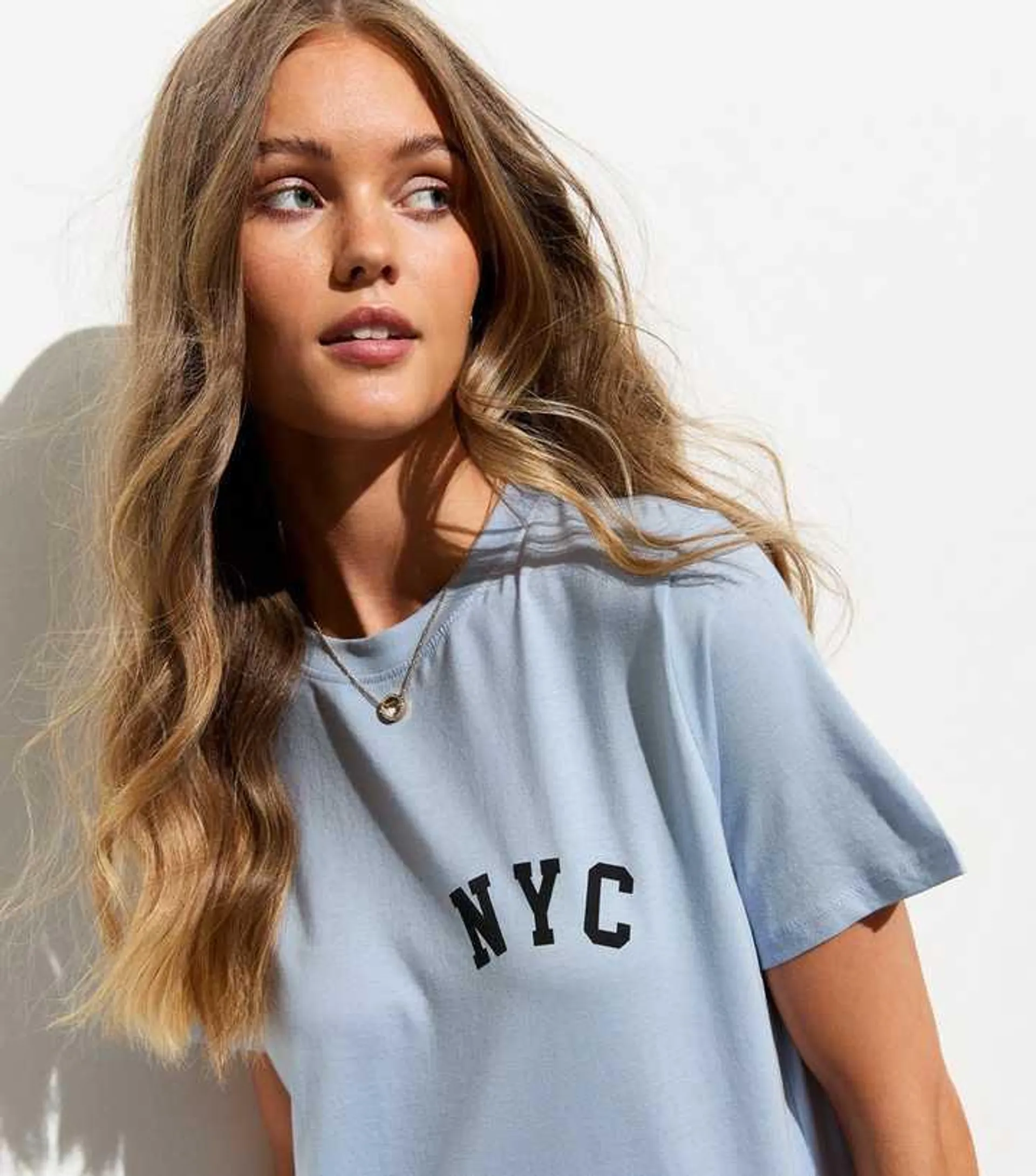 Pale Blue Cotton NYC Slogan T-Shirt