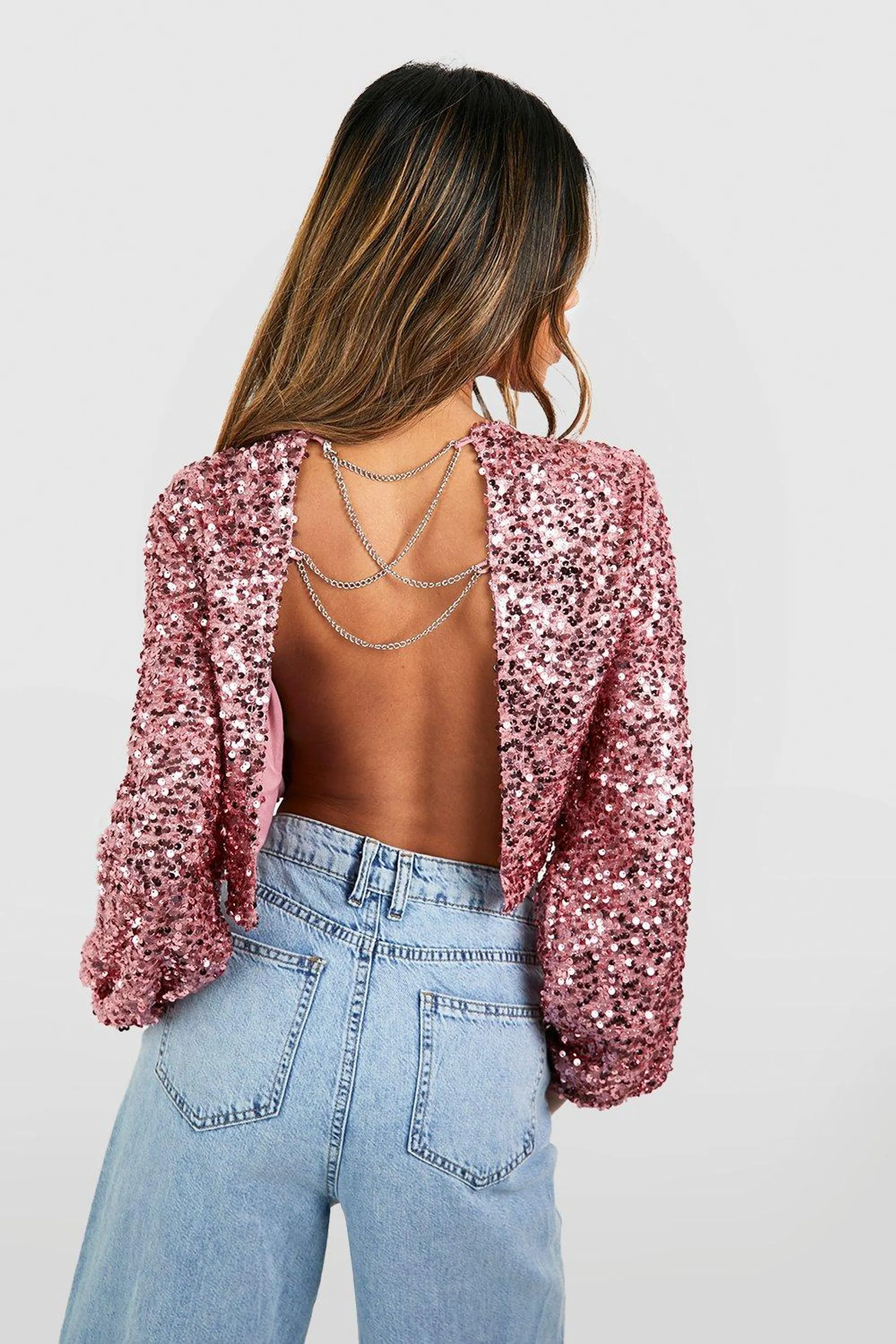 Mauve Sequin Chain Back Detail Long Sleeve Top