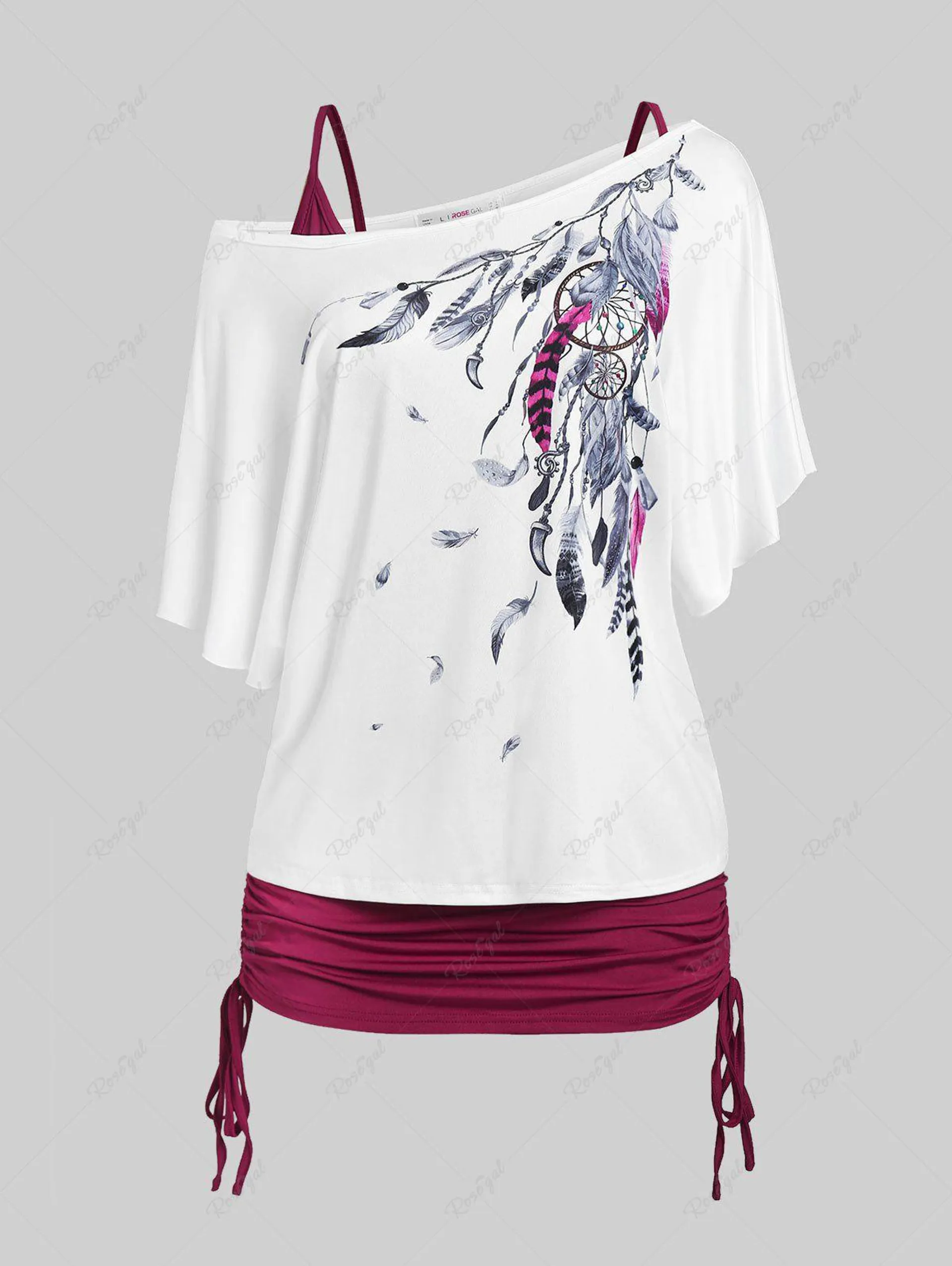 Plus Size Batwing Sleeve Dreamcatcher Print Skew Neck Tee and Cinched Tank Top Set - 2x | Us 18-20