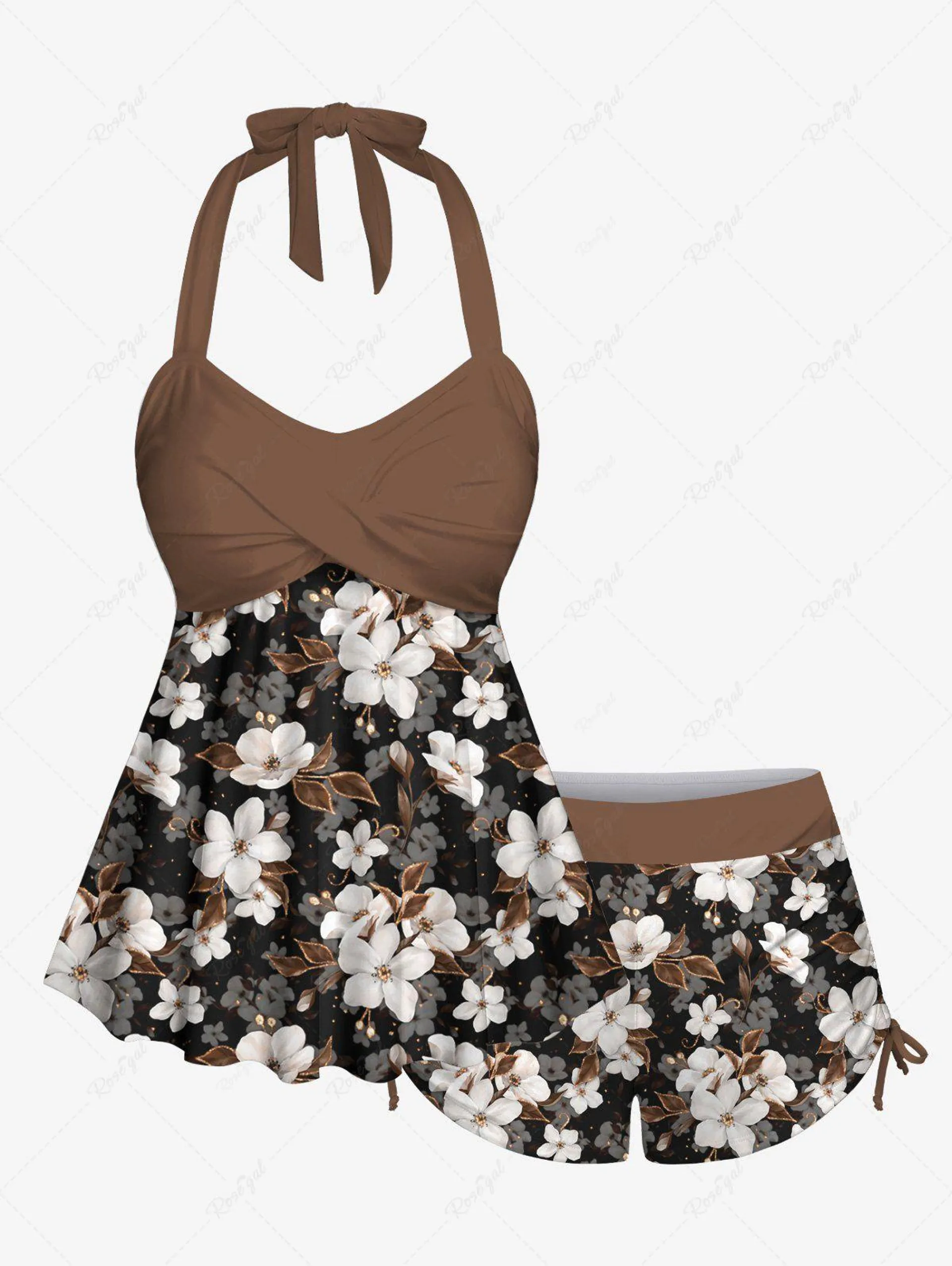 Fashion Floral Print Twist Backless Halter Cinched Boyleg Tankini Swimsuit (Adjustable Shoulder Strap) - 2x