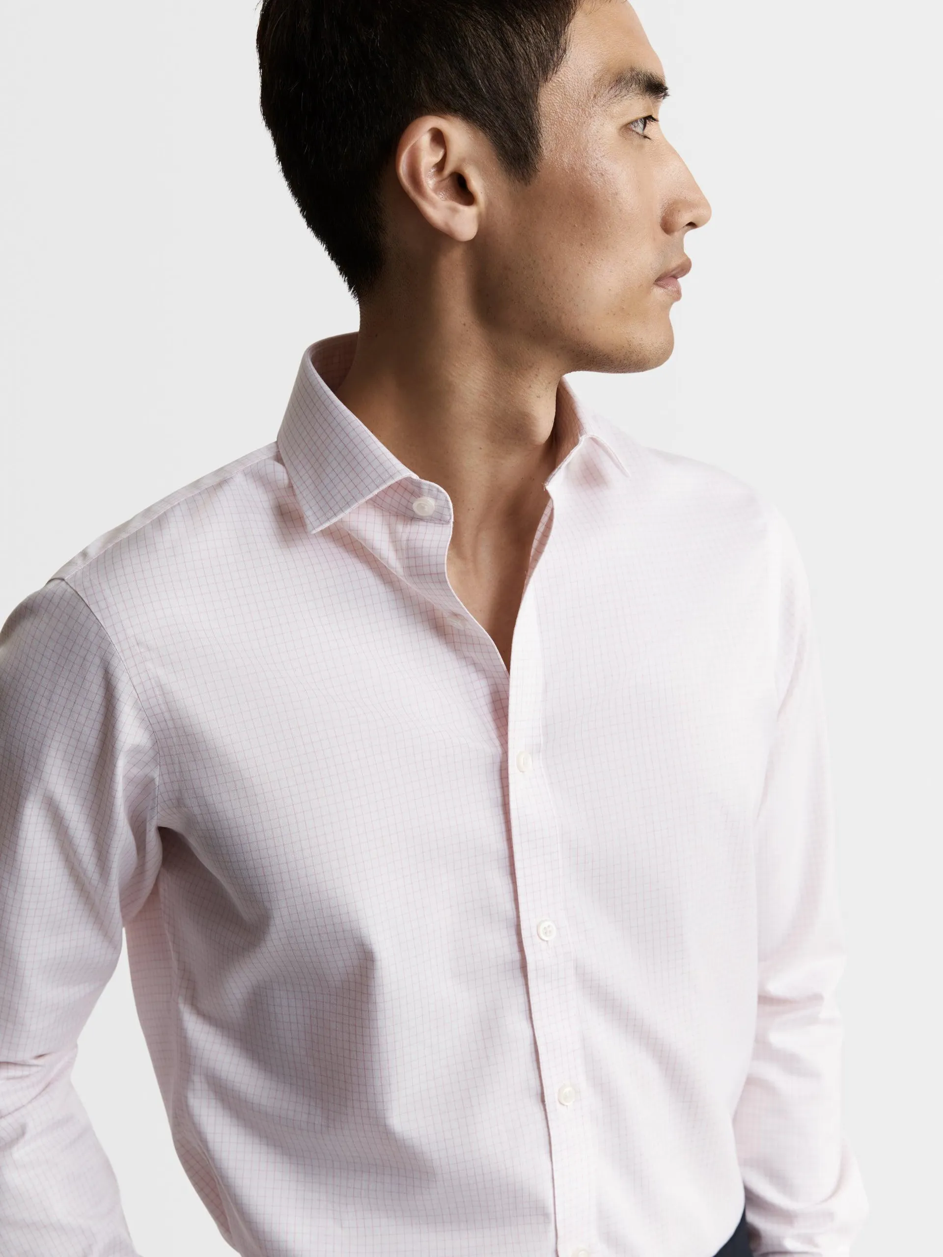 Non-Iron Pink Grid Check Twill Super Fitted Single Cuff Classic Collar Shirt