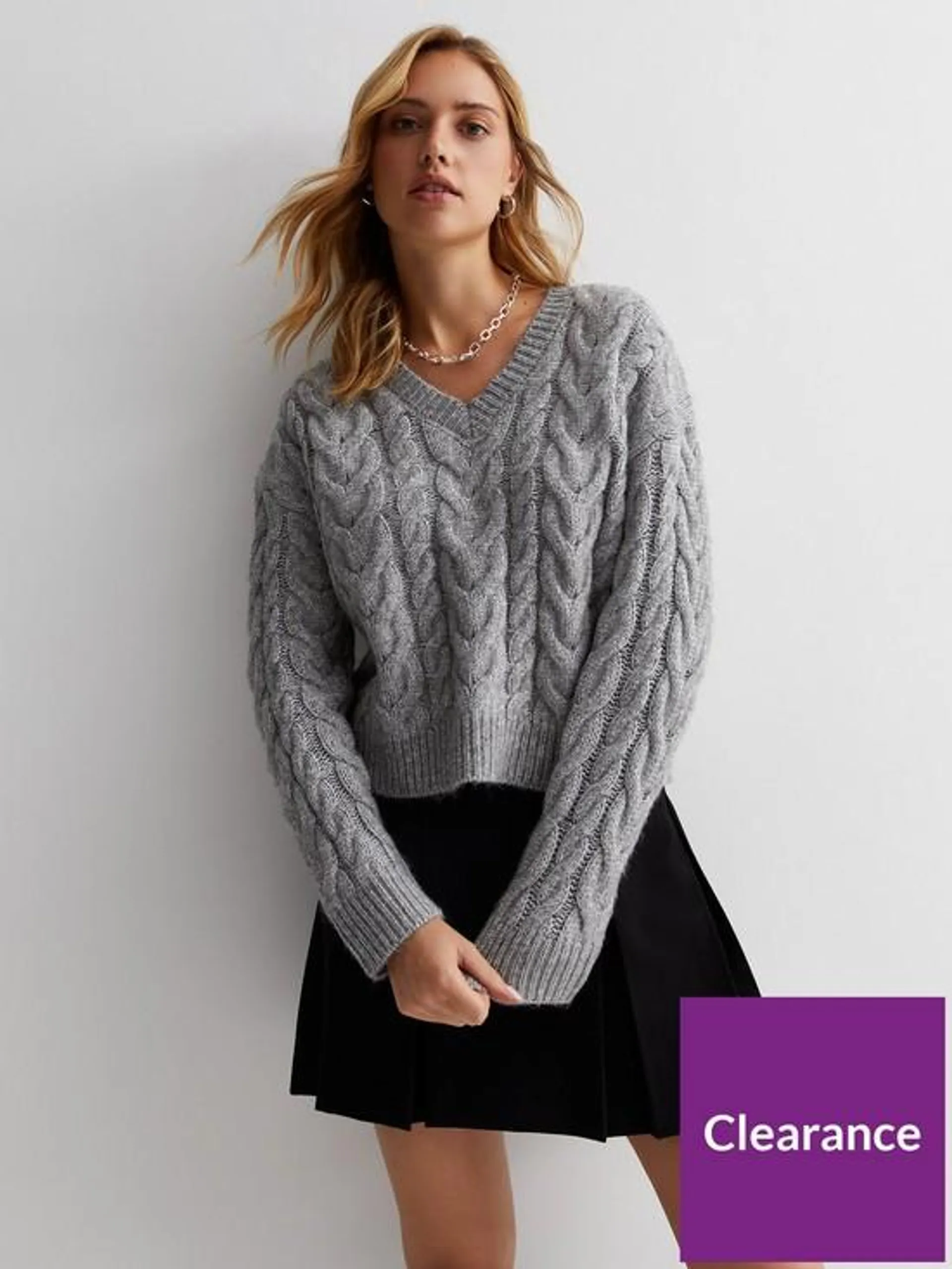 Grey Cable Knit V Neck Jumper