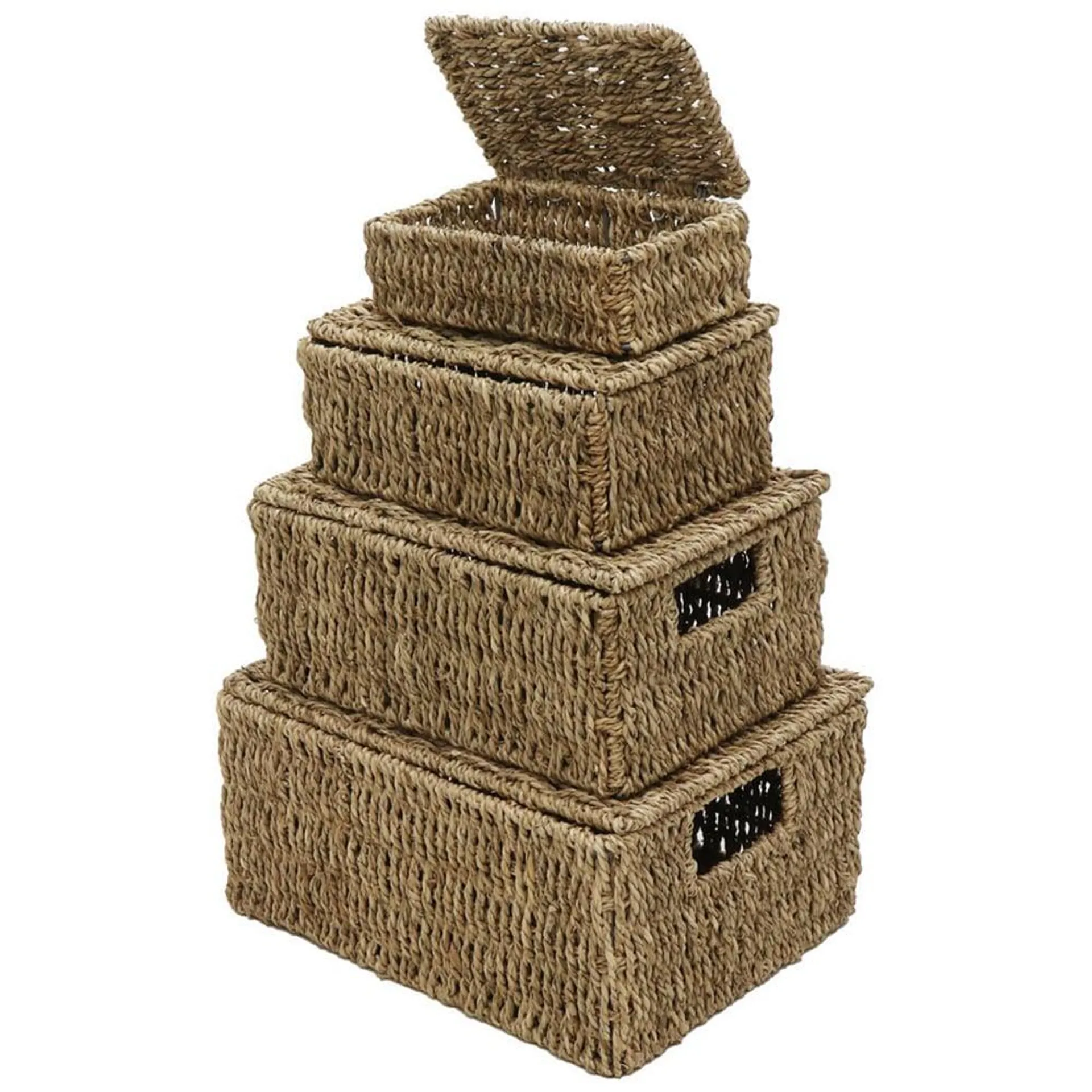 JVL Seagrass Rectangular Storage Baskets with Lids Set of 4