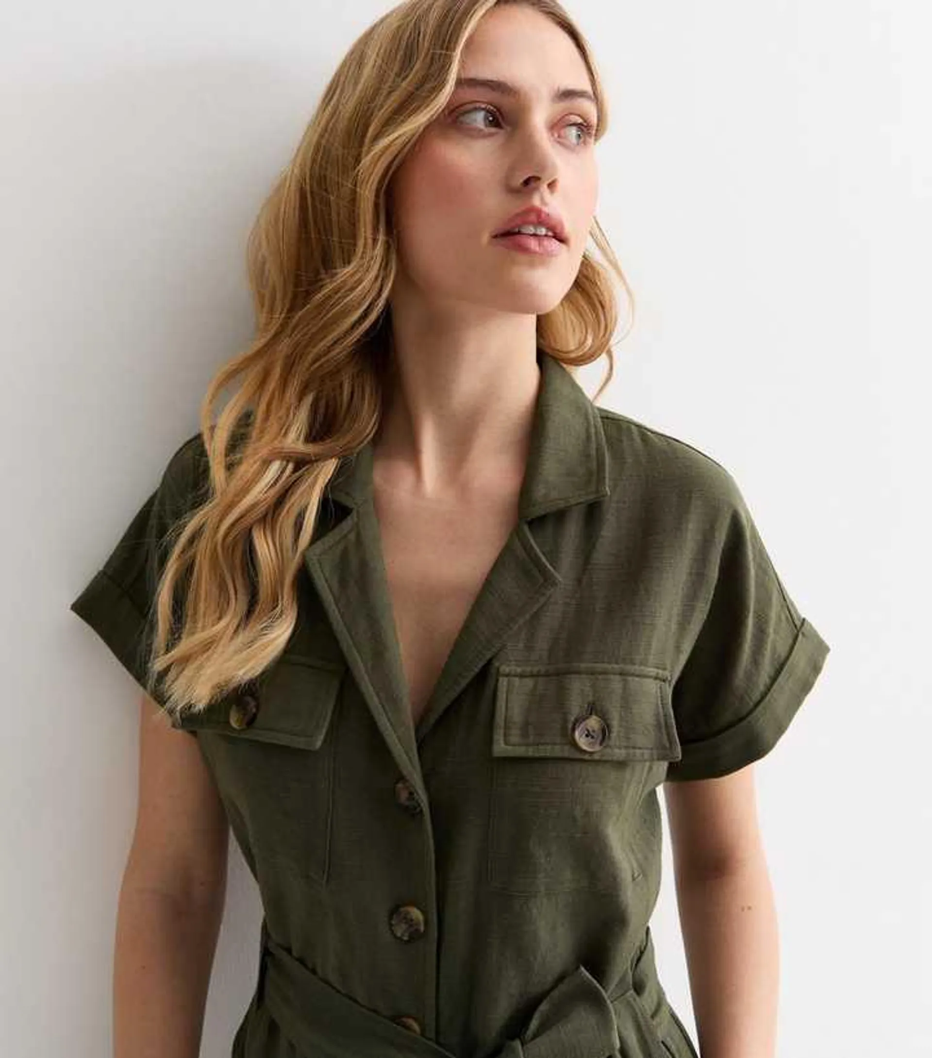 Khaki Short Sleeve Belted Utility Jumpsuit