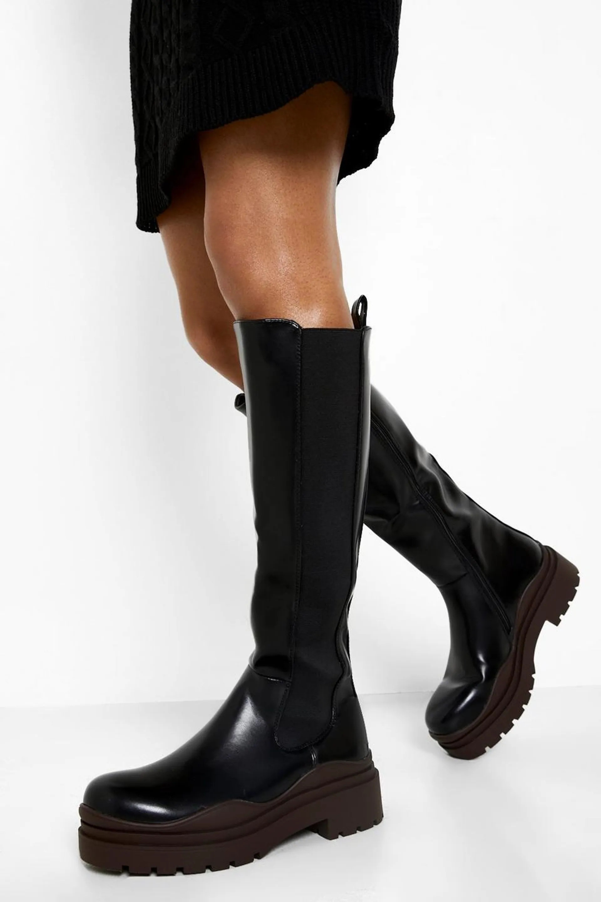Chunky Contrast Sole Knee High Chelsea Boots