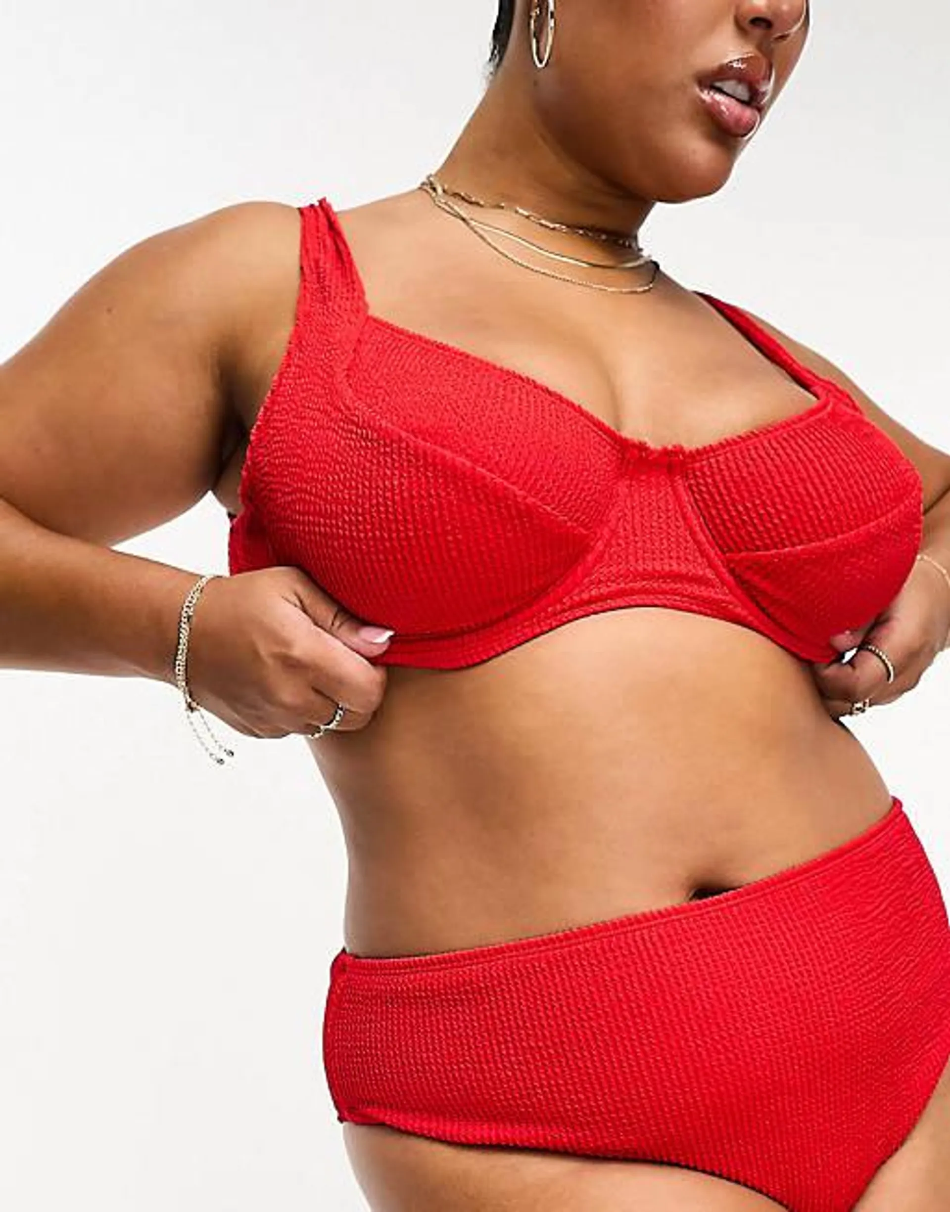 Pieces Curve exclusive bikini top and high waist bikini bottoms co-ord in red