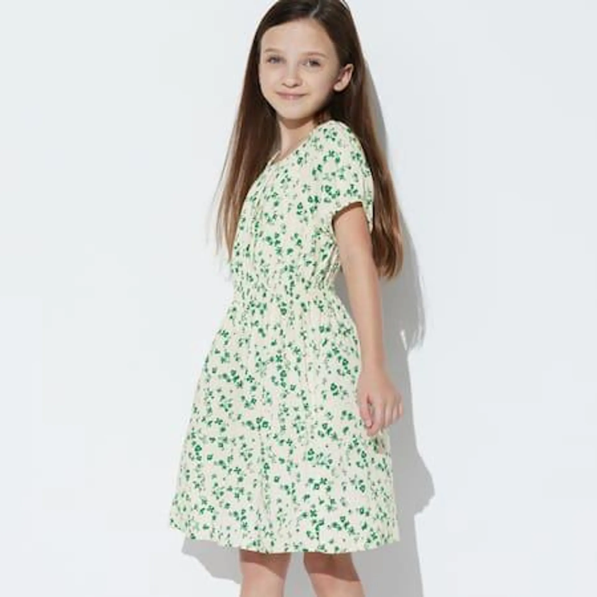 Girls Rayon Flower Printed Short Sleeved Dress