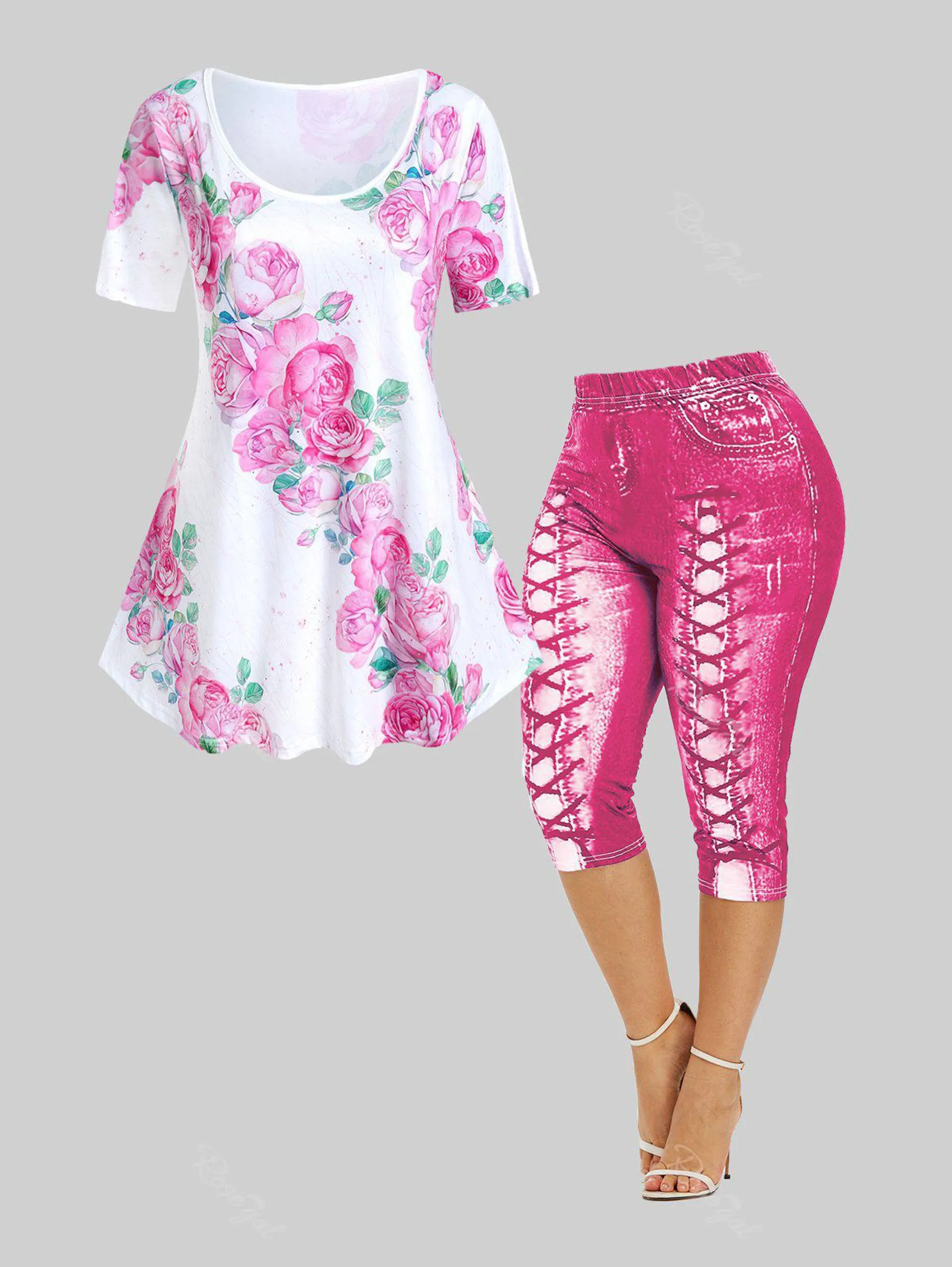 Floral Tee and 3D Lace Up Jean Print Capri Leggings Plus Size Summer Outfit
