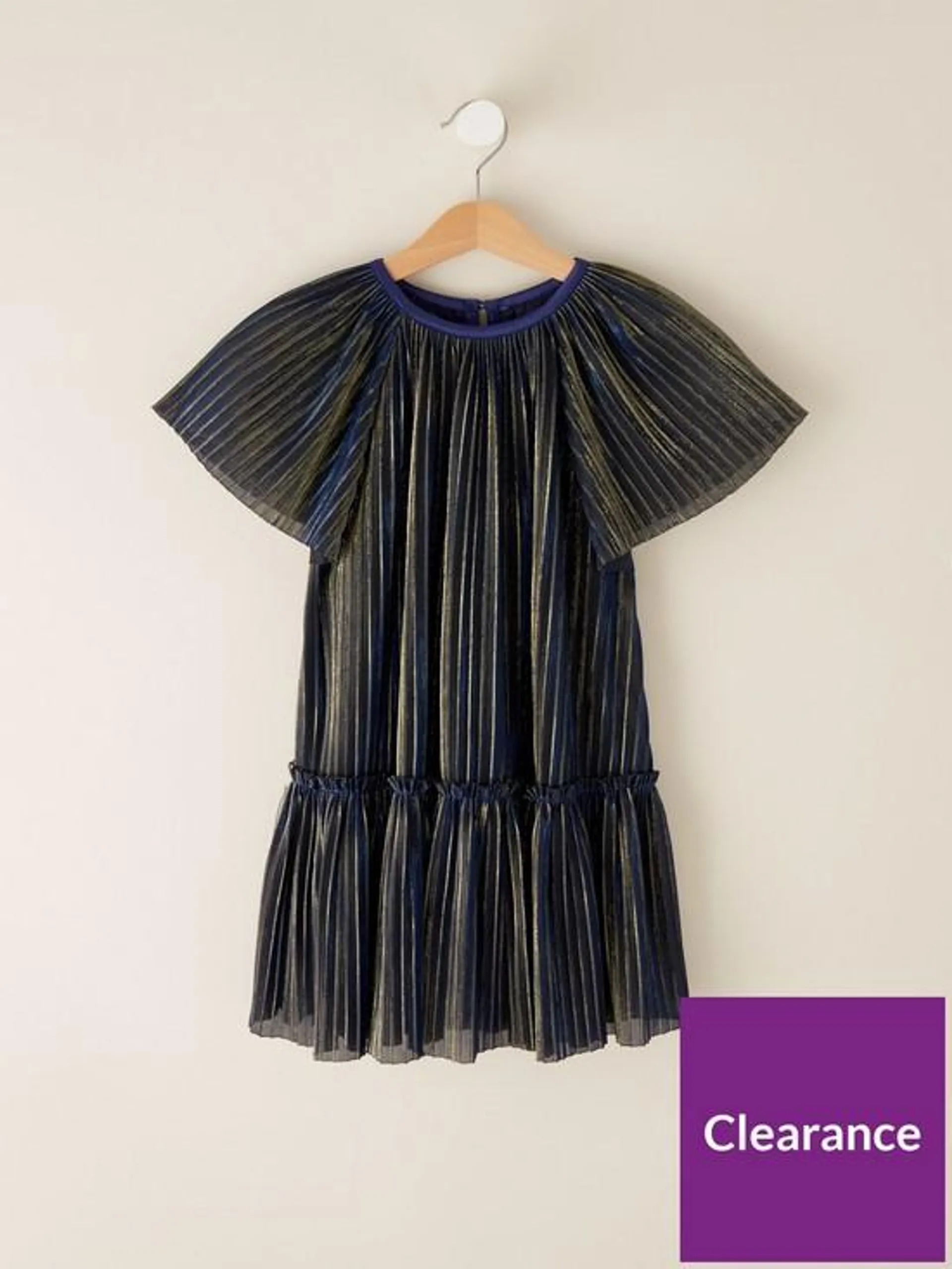 Children's Pleated Lurex Drop Waist Dress - Navy