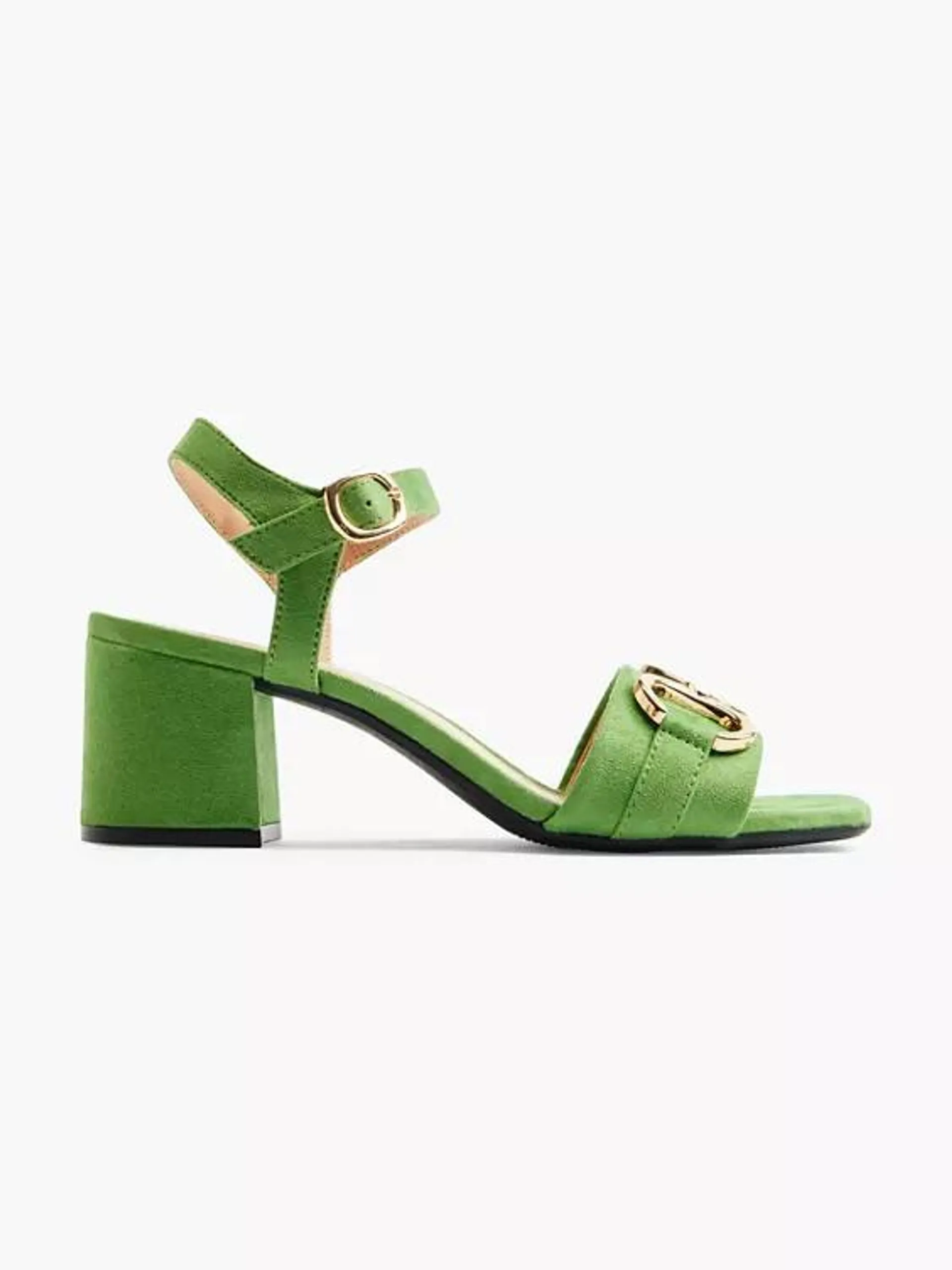 Green Block Heeled Sandal with Chain Detail