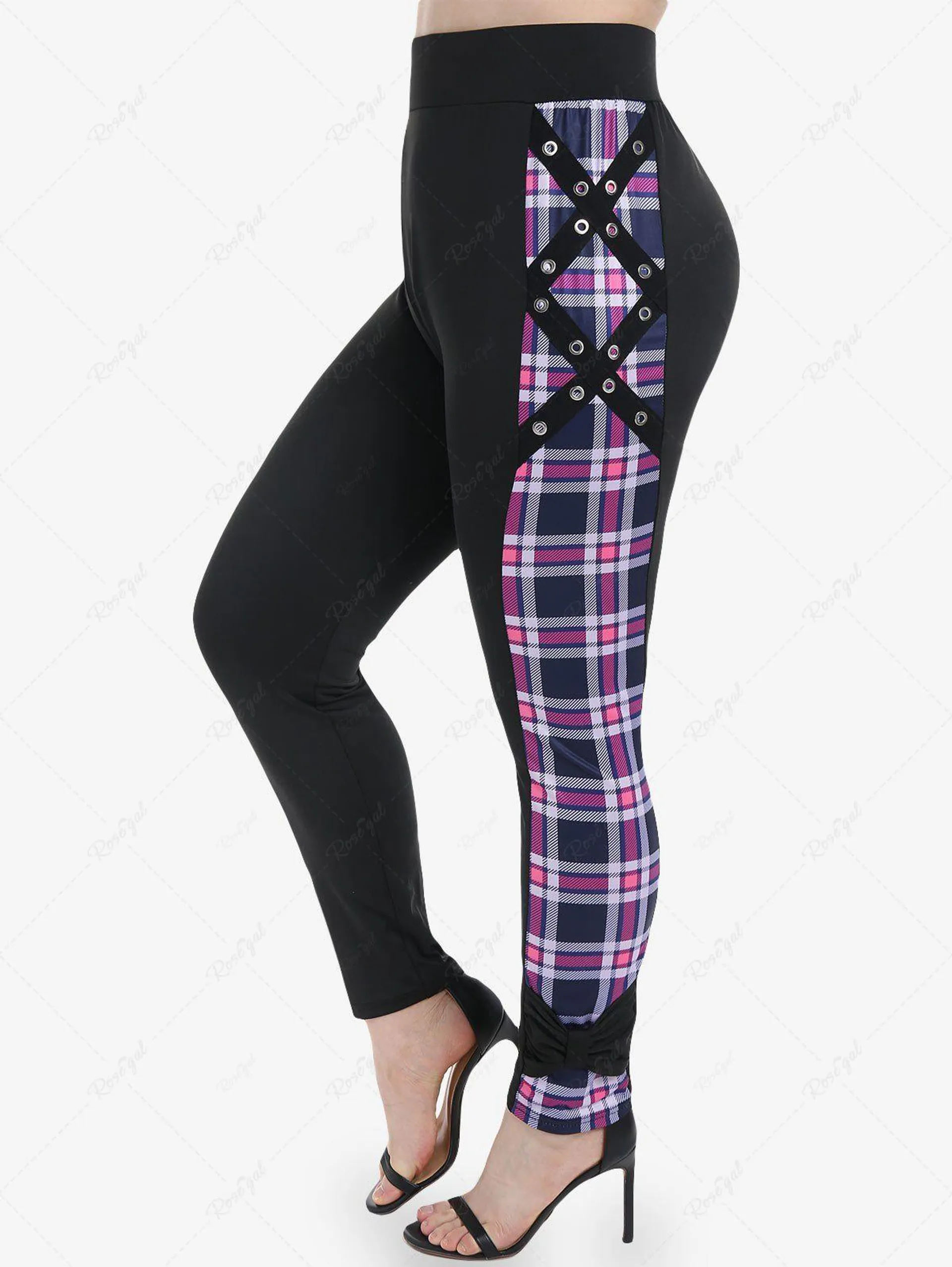 Plus Size Plaid Grommet Knot Skinny Pull On Pants - 2x | Us 18-20