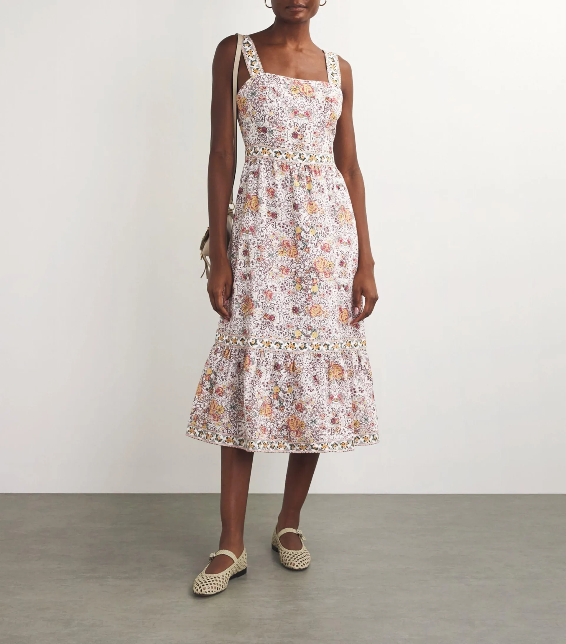 Linen-Blend Fiori Midi Dress