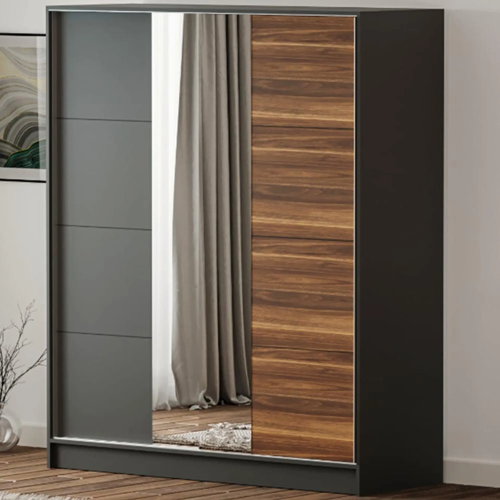 Evu MILANO Sliding Door Walnut and Anthracite Mirrored Wardrobe