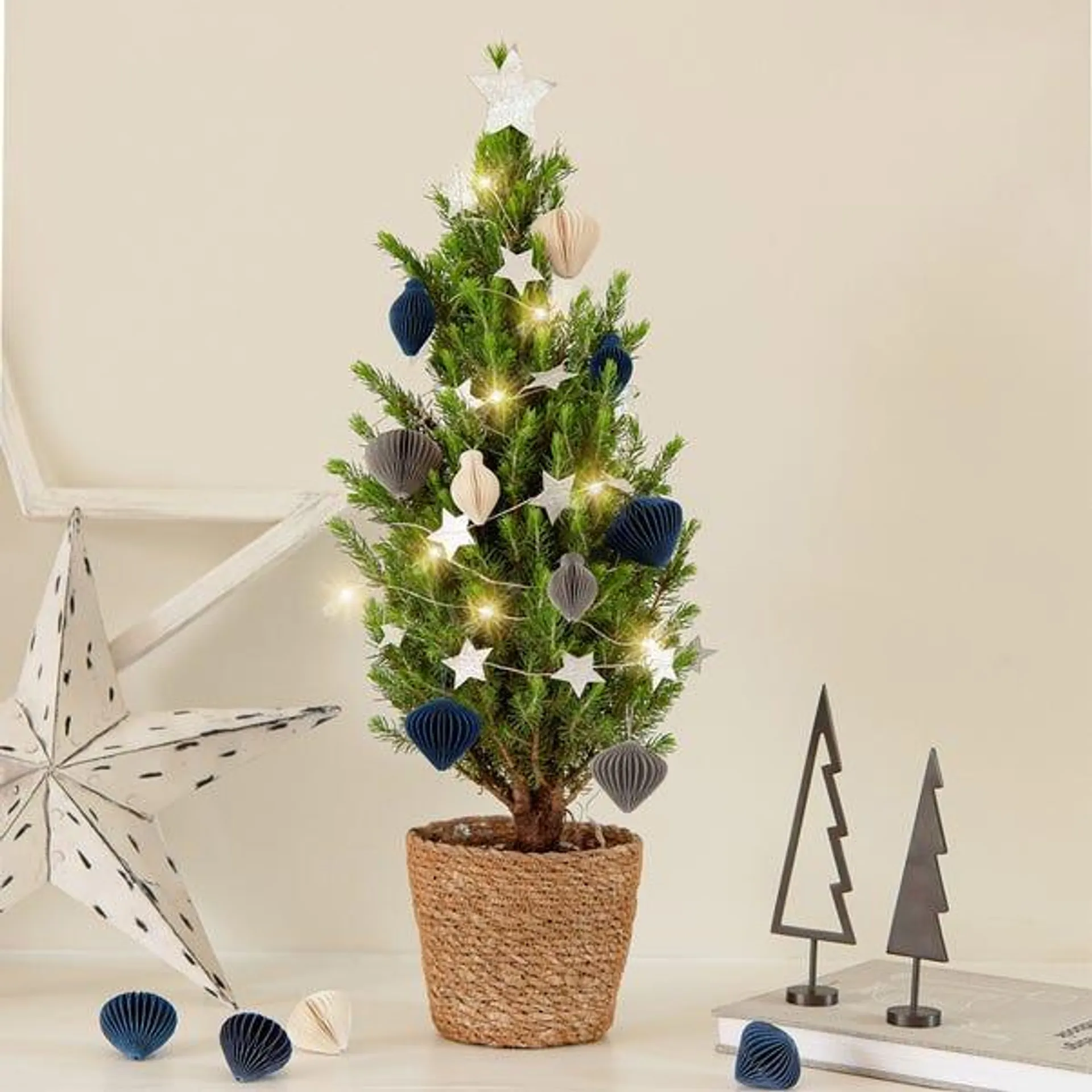 Mini Christmas Tree with Navy and Silver Decorations in Jute Pot