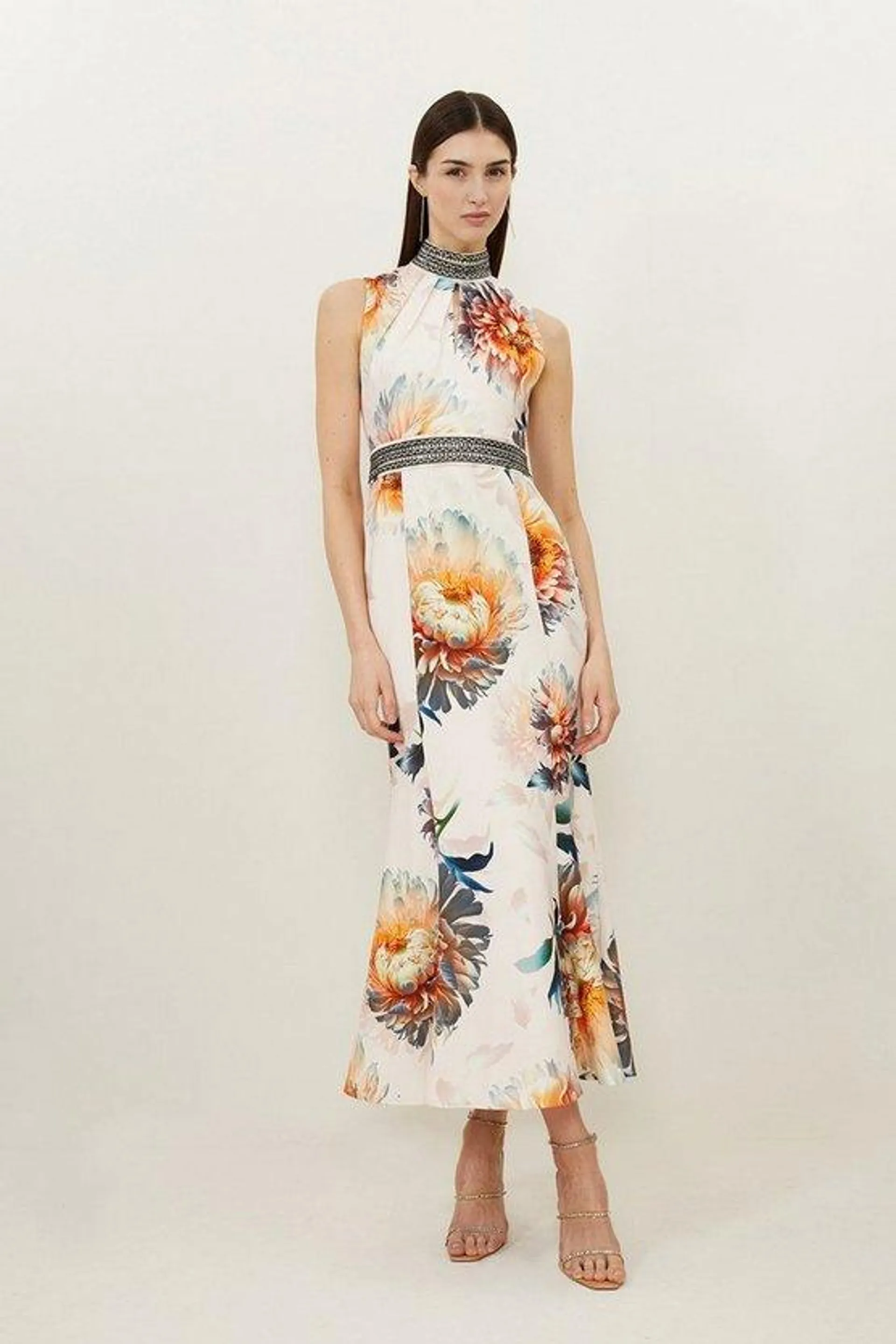 Diamante Trim Rose Floral Woven Sleeveless Maxi Dress