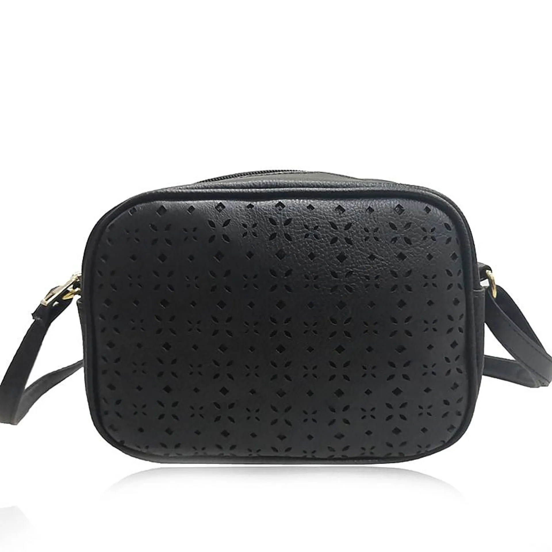 Lazer Cut Crossbody Bag with Shoulder Strap - Black