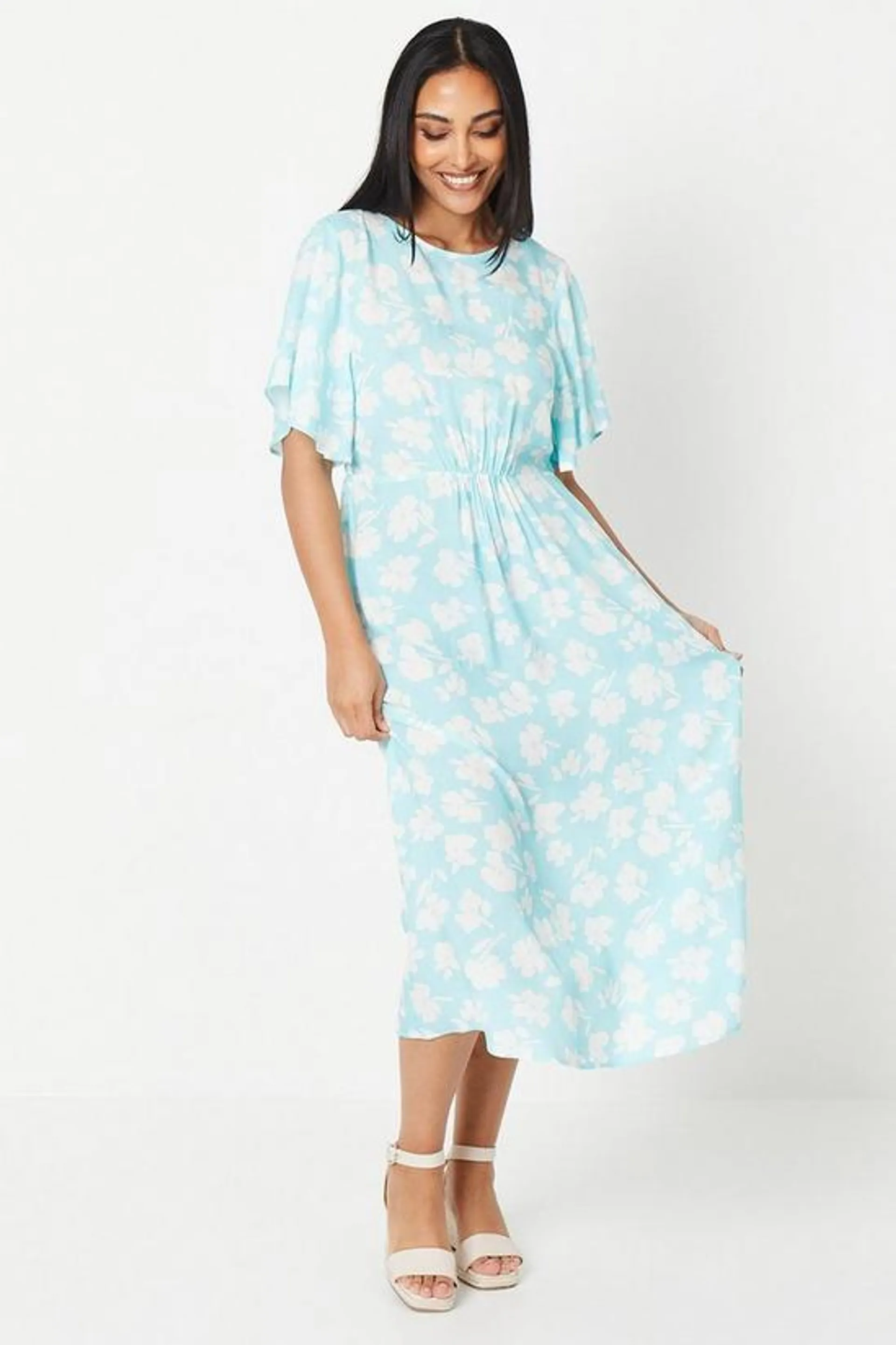 Petite Viscose Flutter Sleeve Midi Tea Dress