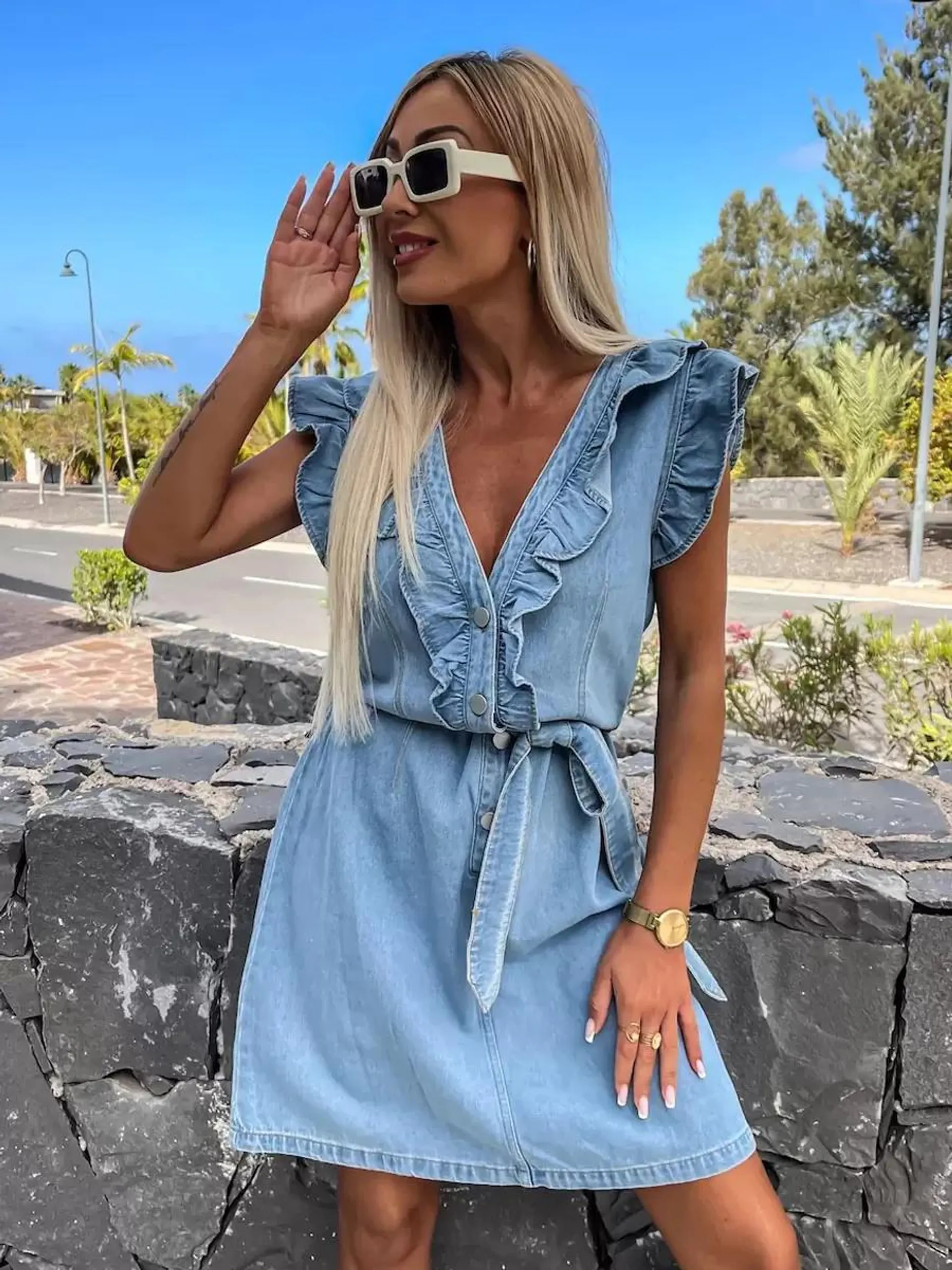 Summer Dress Mini Dresses Light Sky Blue V-Neck Ruffles Polyester Beach Dress