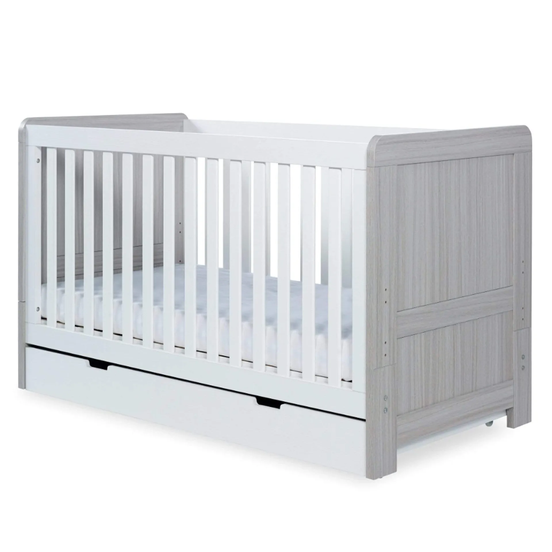 Ickle Bubba Pembrey Cot Bed and Under Drawer Ash Grey & White