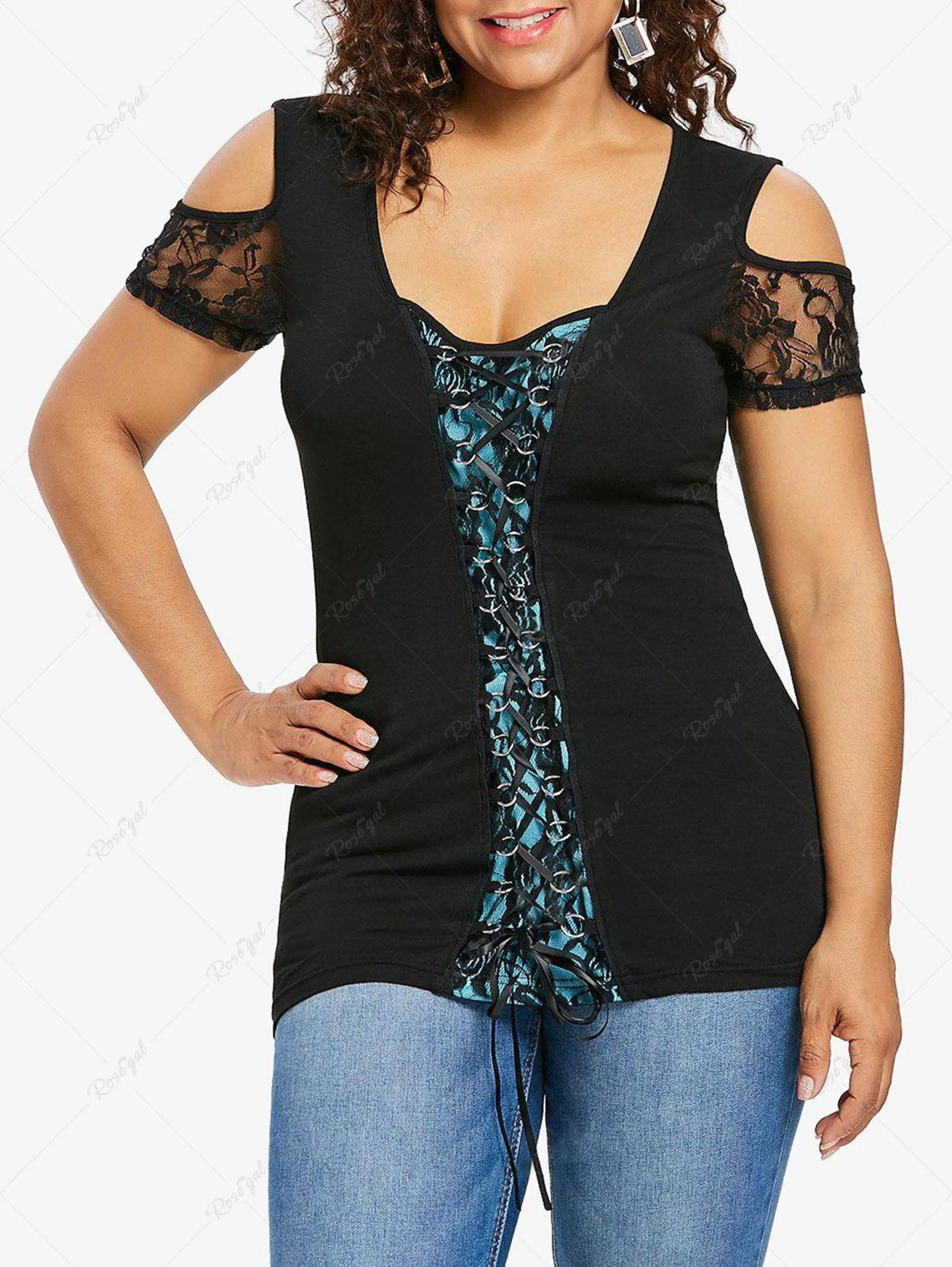 Plus Size Lace-up Could Shoulder Floral Lace T-shirt - 2x | Us 18-20