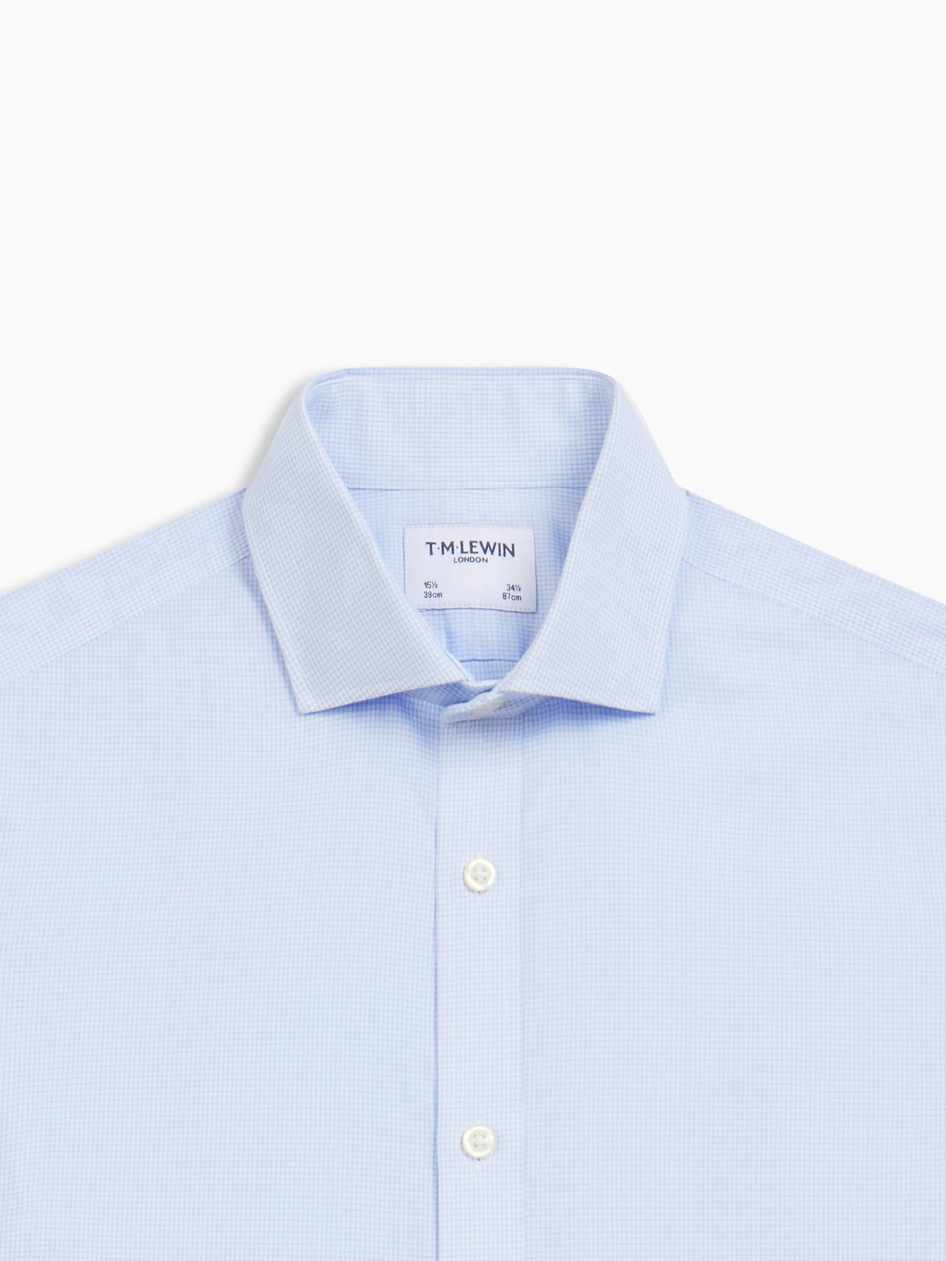 Non-Iron Fitted Blue Small Check Dobby Classic Collar Single Cuff Shirt