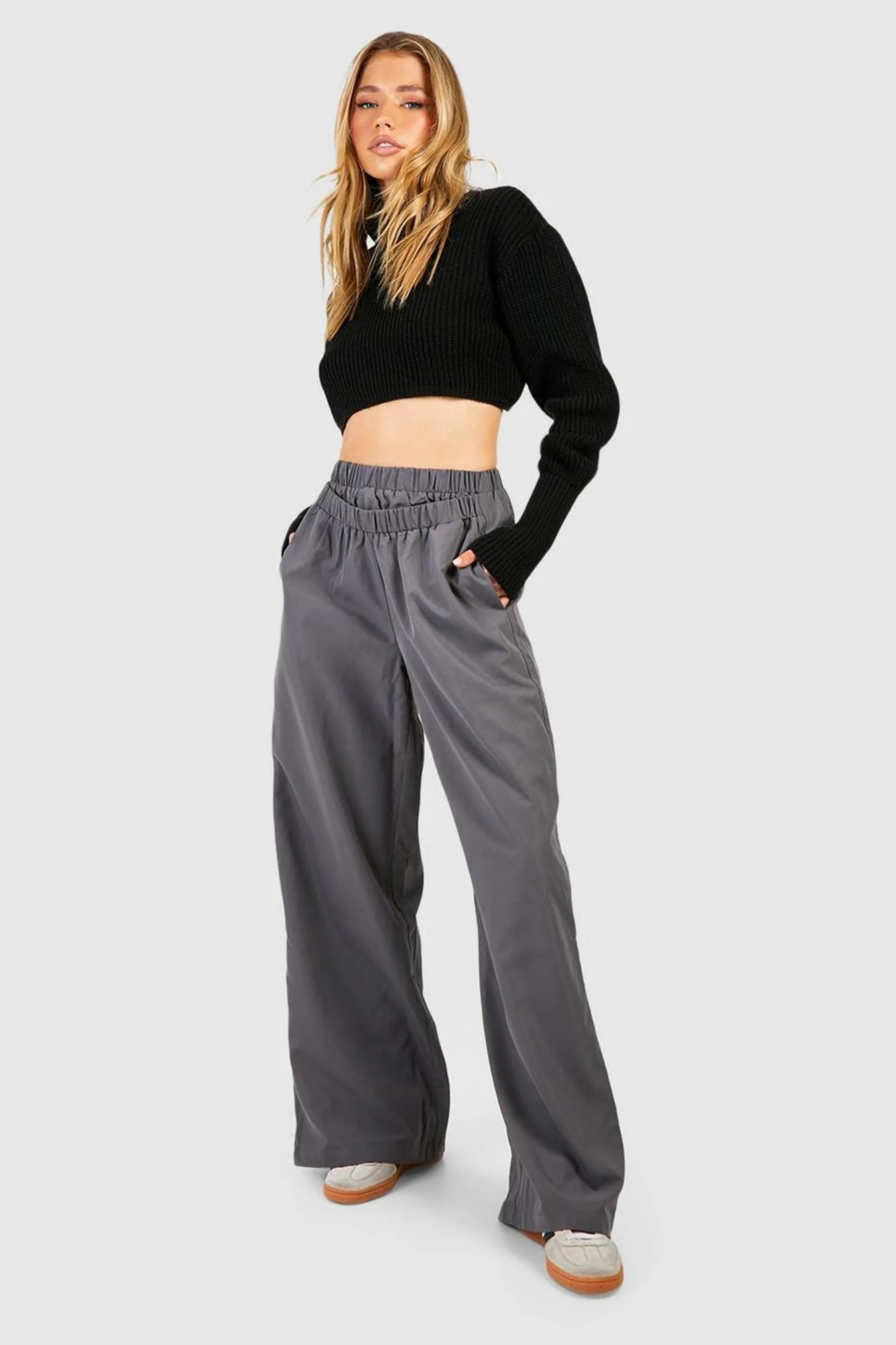 Dual Waist Band Wide Leg Trouser