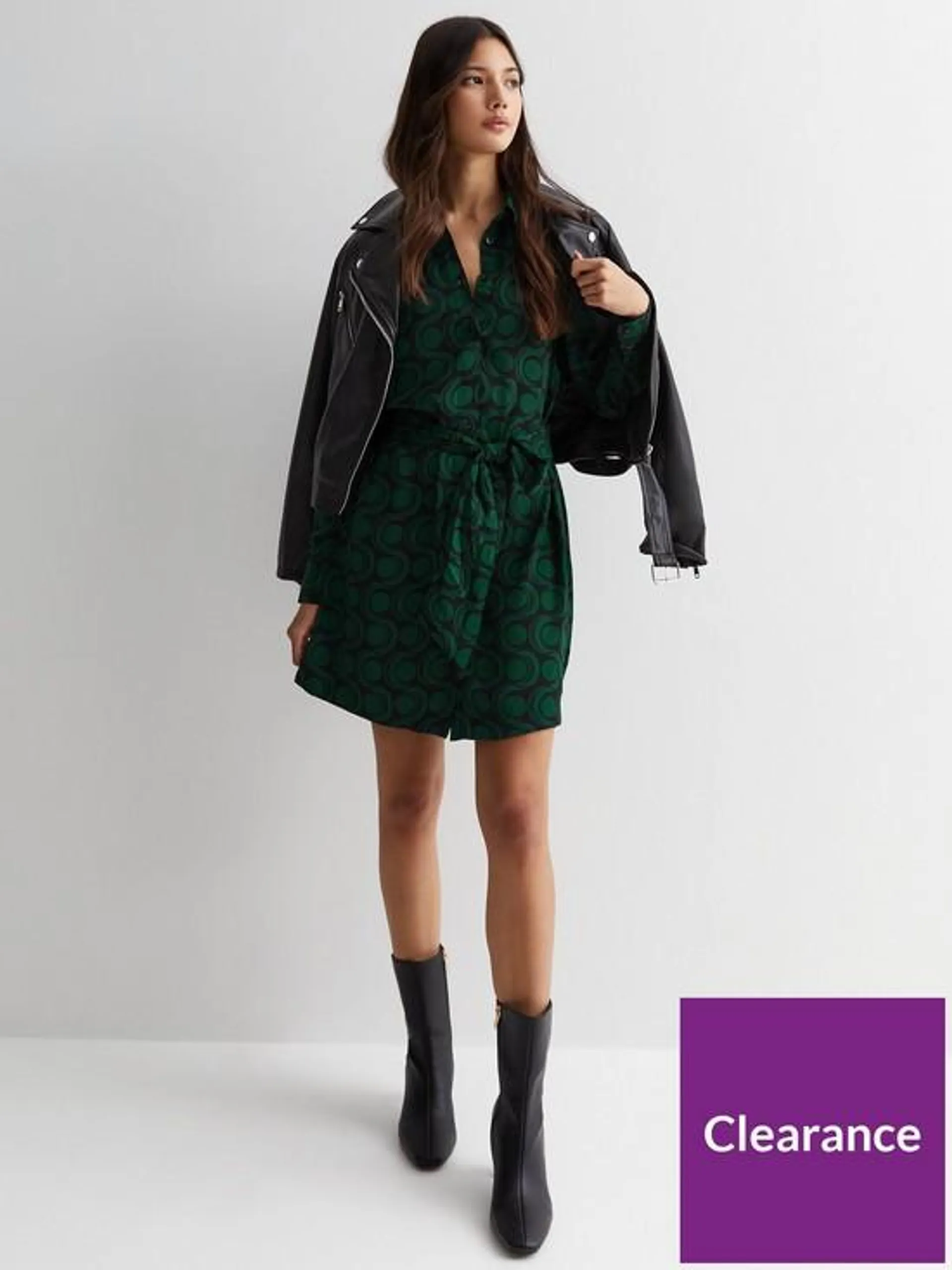 Green Geometric Print Belted Mini Shirt Dress