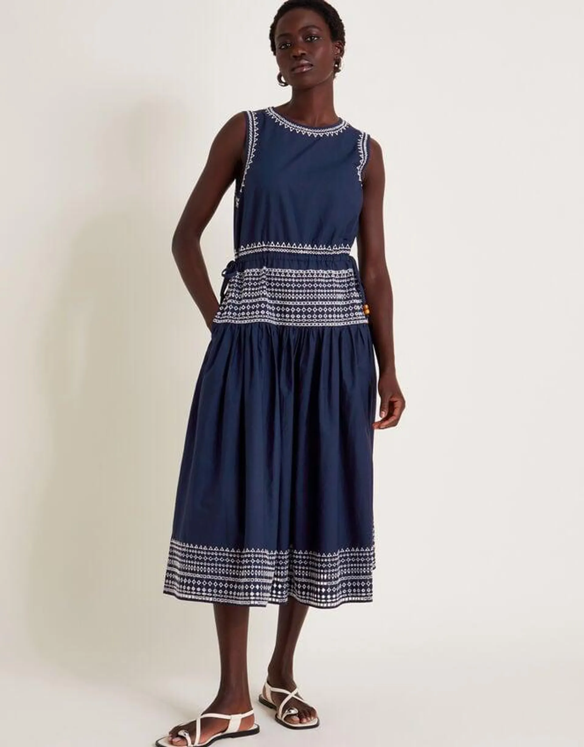 Erin Sleeveless Broderie Midi Dress Blue