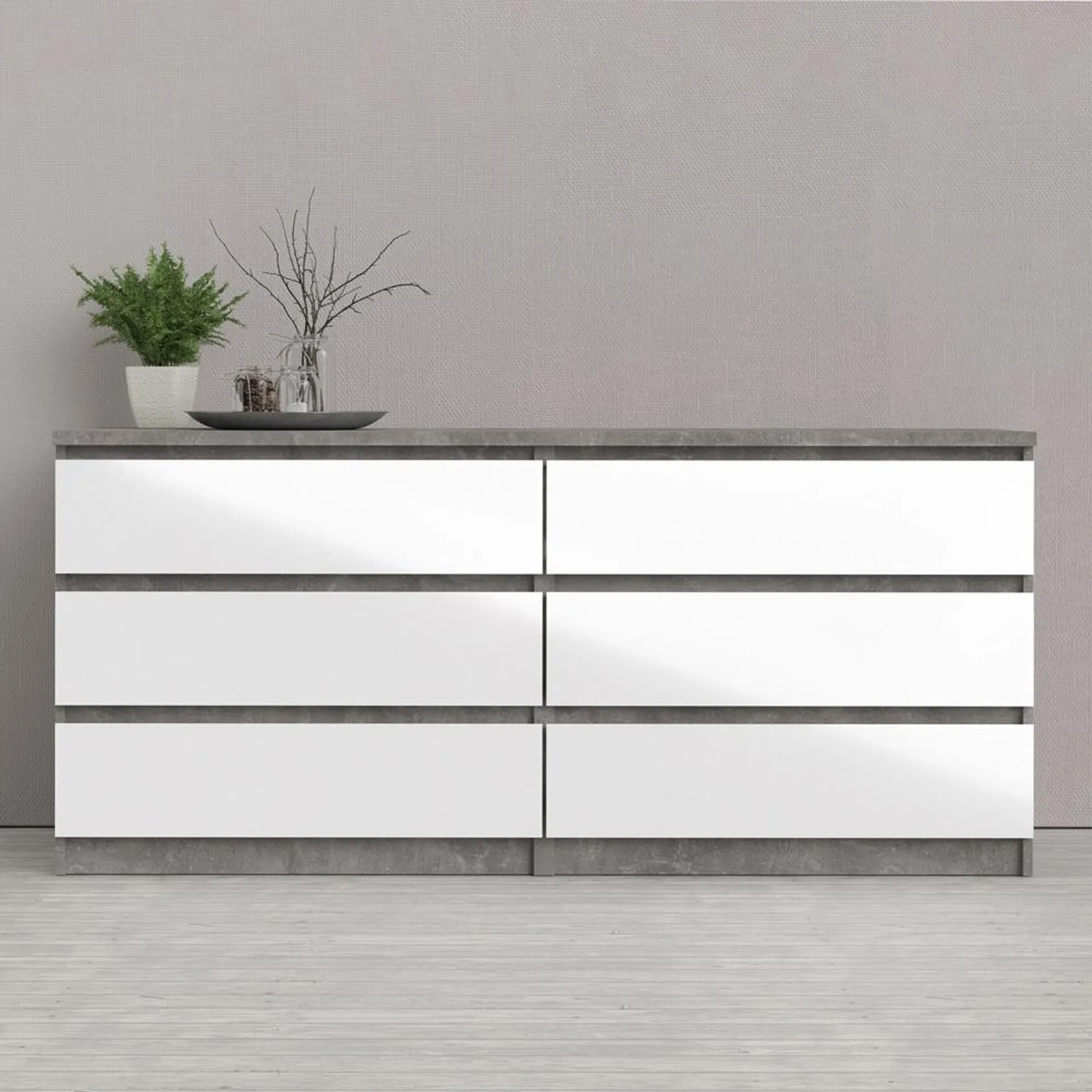 Florence 6 Drawer Concrete and White High Gloss Wide Chest of Drawers