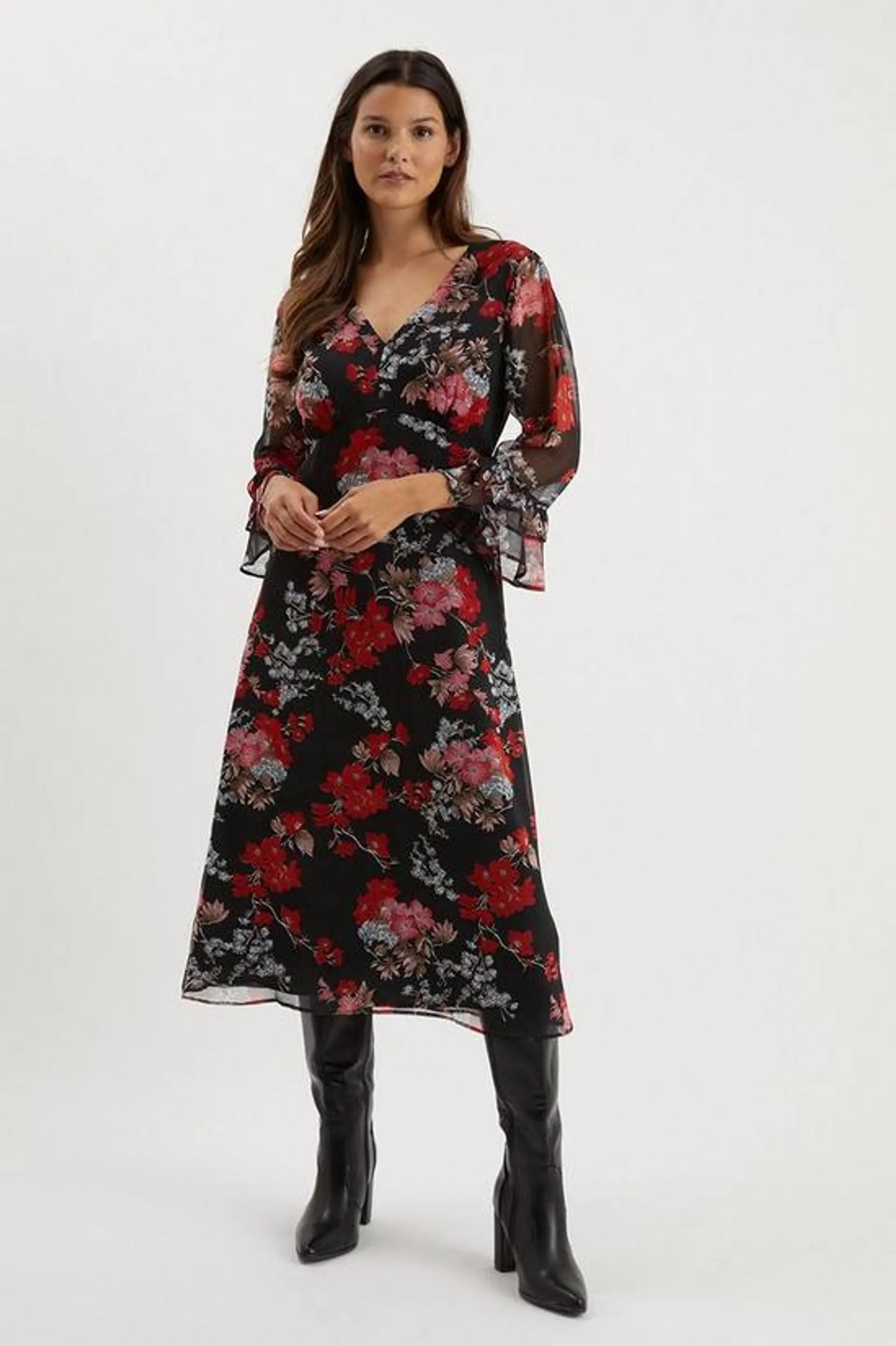 Flute Sleeve Midi Dress