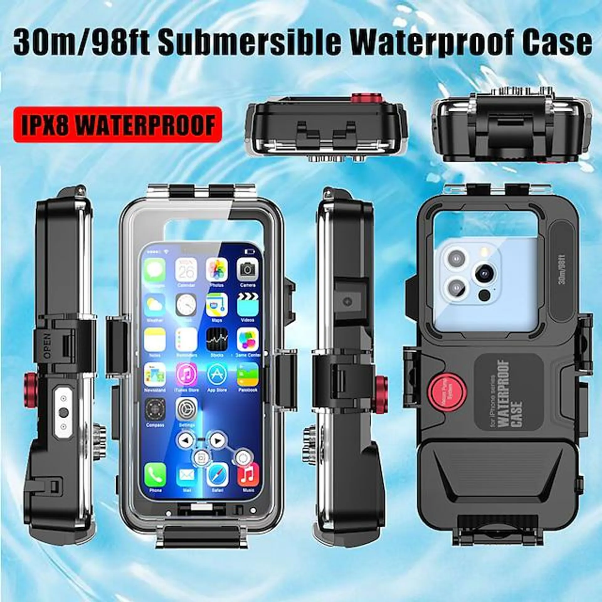 30m/98ft Submersible Waterproof Case for iPhone 14 13 Pro Max 12 11 XR XS SE 2020 8 7 Underwater Snorkeling Surfing Diving Case