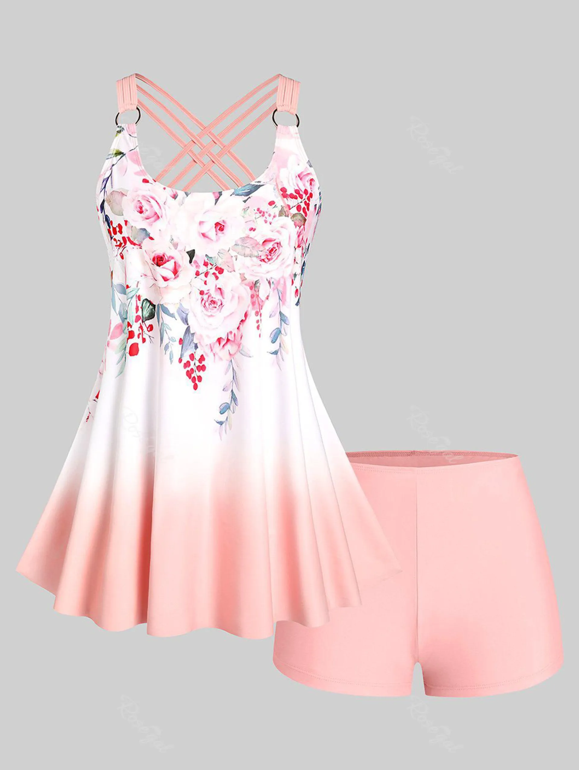 Plus Size & Curve Ombre Color Floral Print Crisscross Modest Tankini Swimsuit - 1x