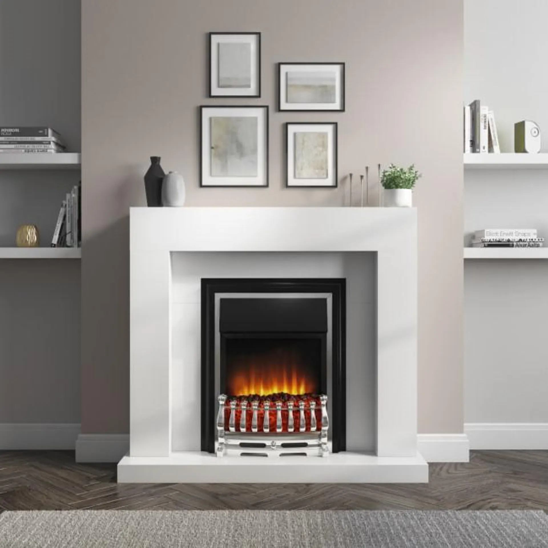 Freestanding White Electric Fireplace Suite with Metal Insert - Amberglo