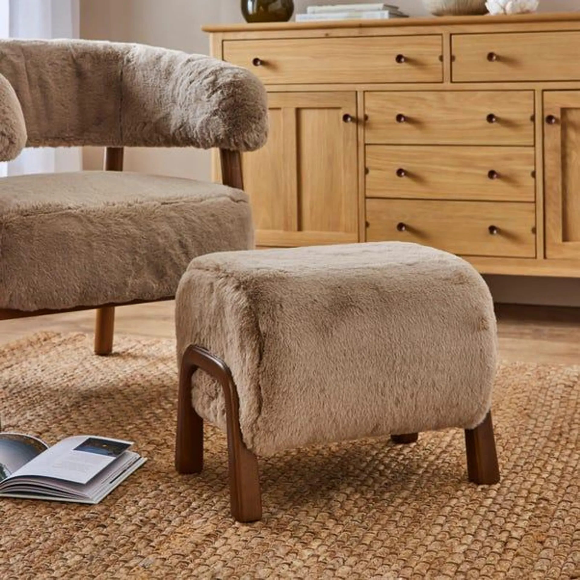 Curved Supersoft Fur Wooden Accent Stool