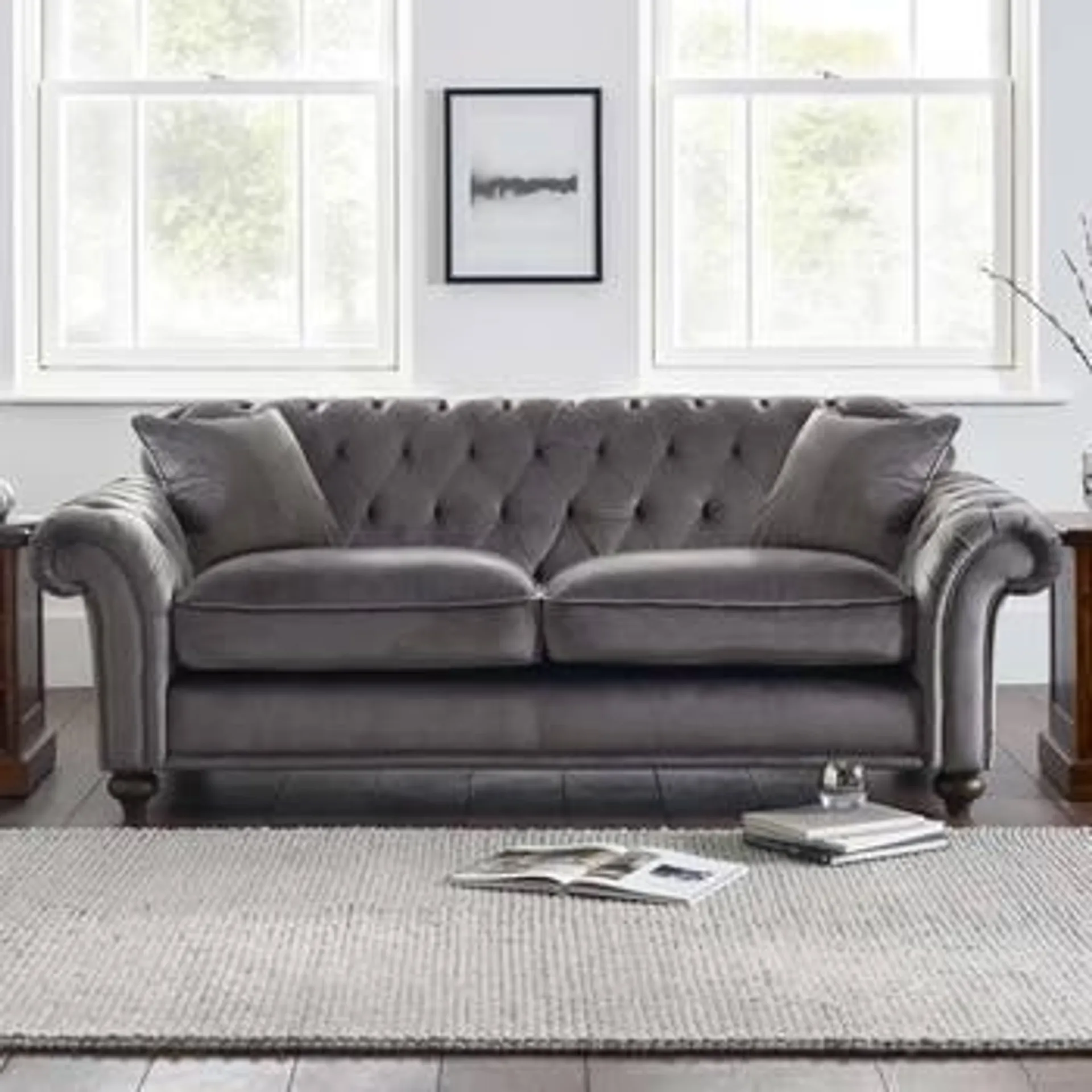 Bordeaux Button Back Grey Velvet 3 Seater Sofa