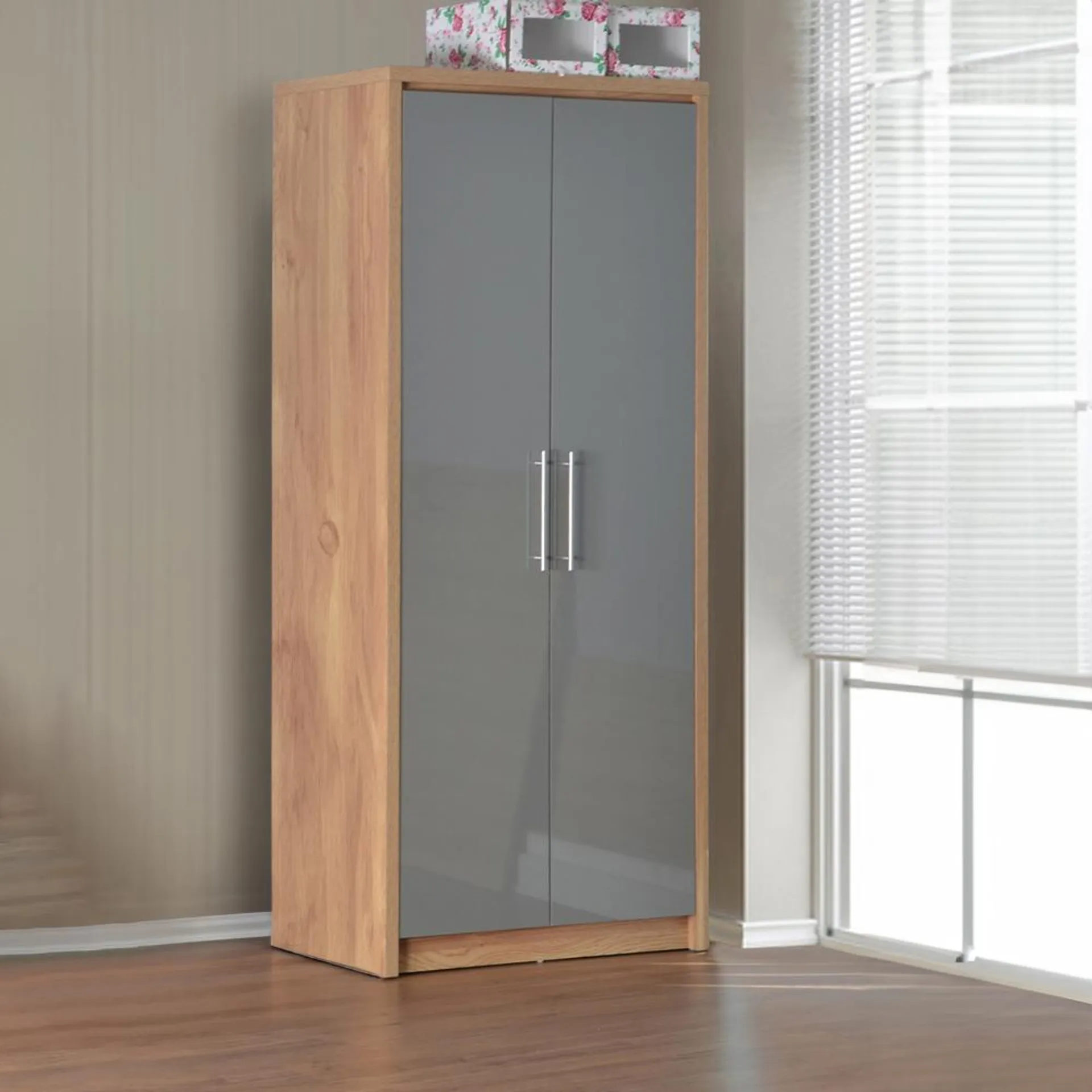 Seconique Seville 2 Door Grey Gloss Light Oak Veneer Wardrobe