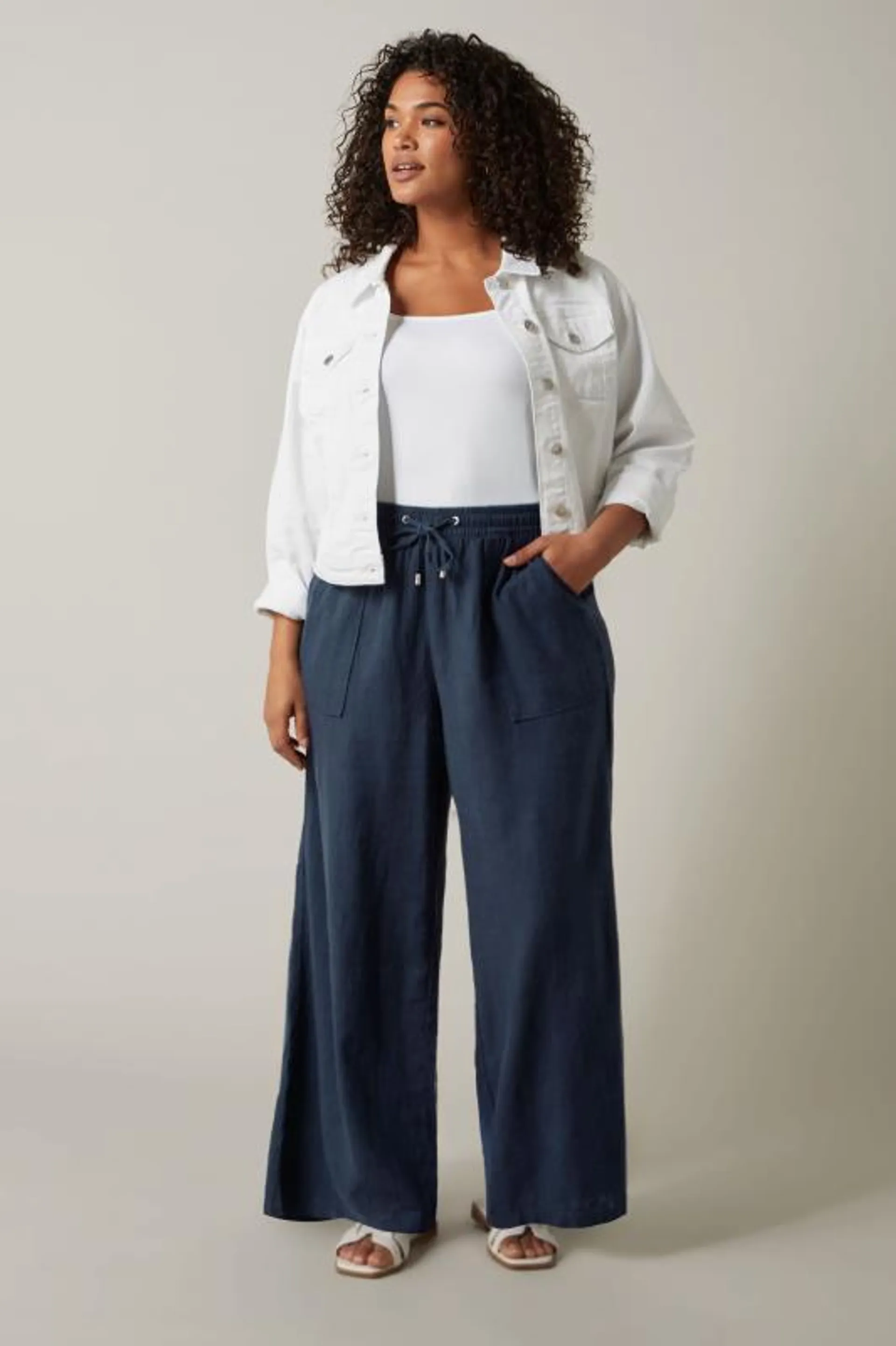 EVANS Curve Navy Blue Linen Wide Leg Trousers