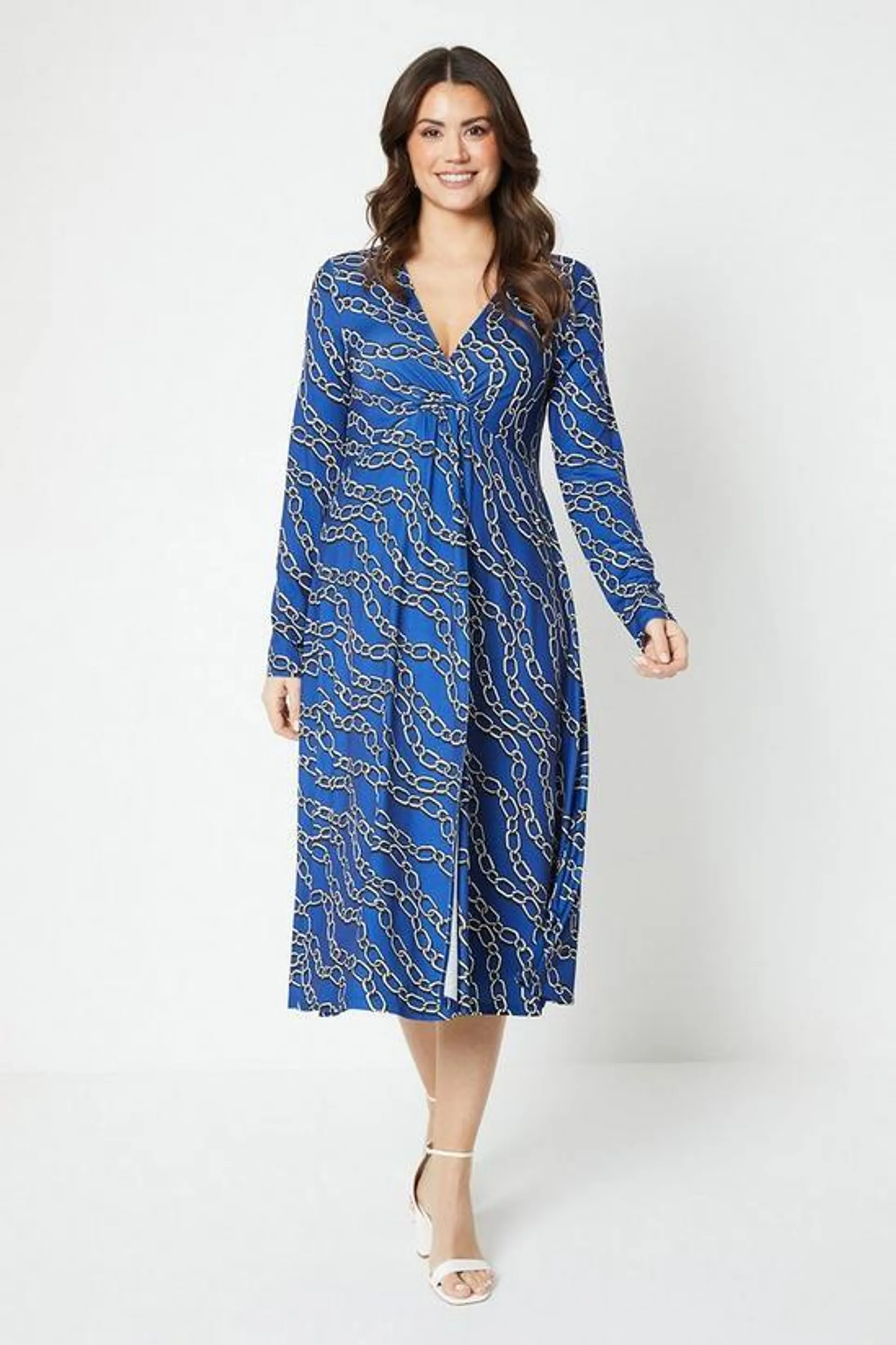 Printed Jersey Knot Front Midi Dress