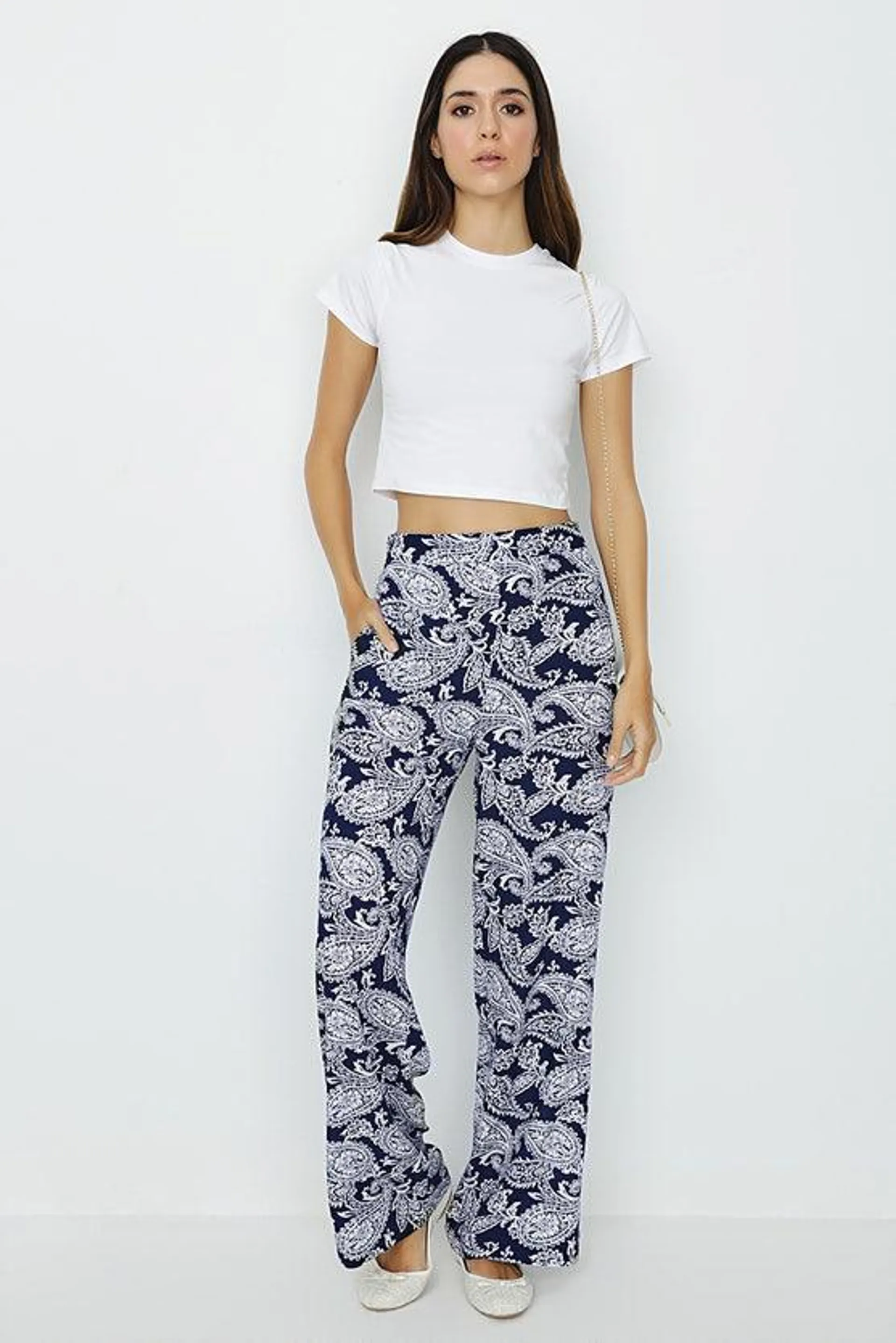 Navy Paisley Wide Leg Soft Trousers