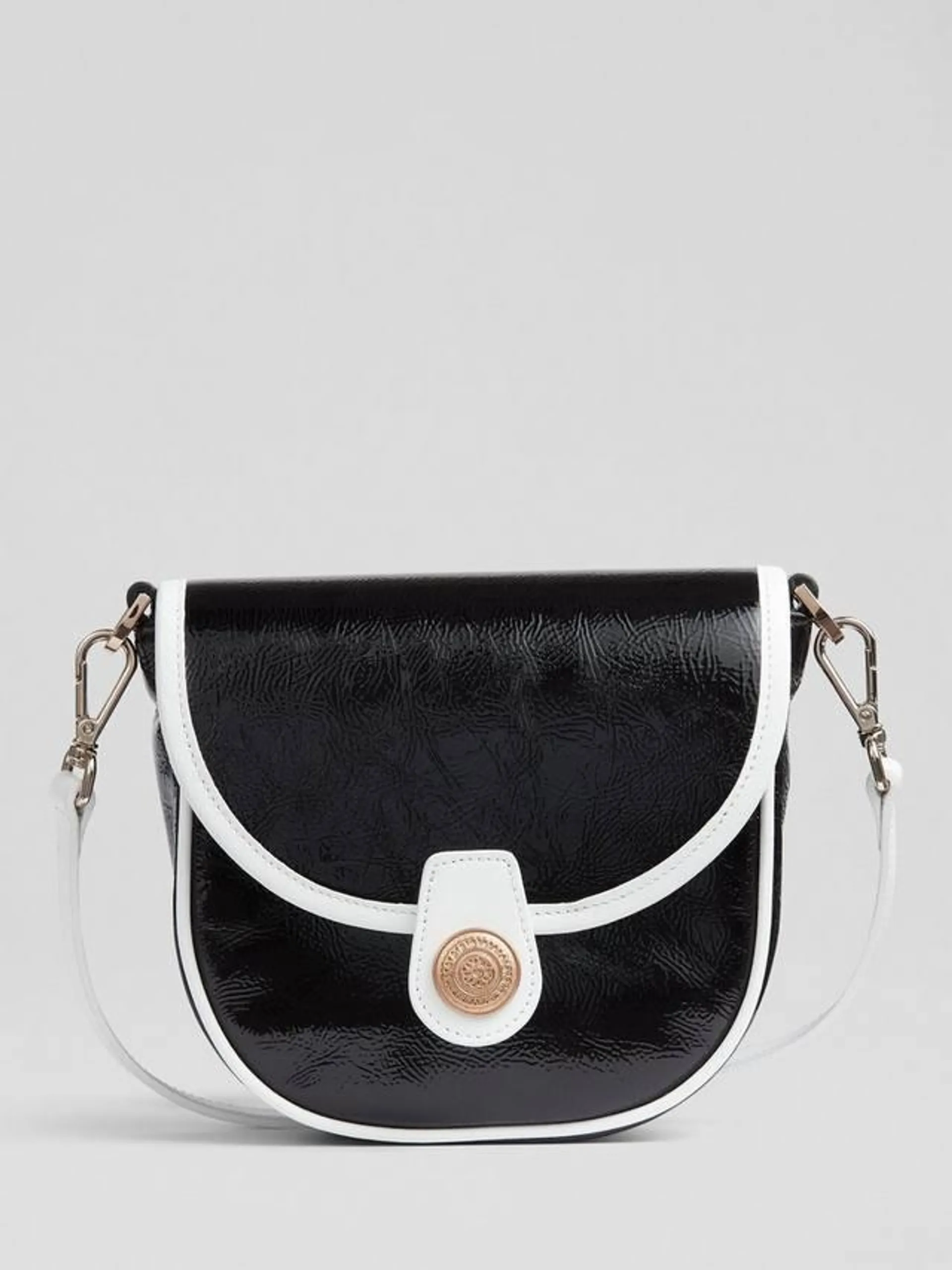 Dee Crinkle Patent Leather Crossbody Bag, Black/White