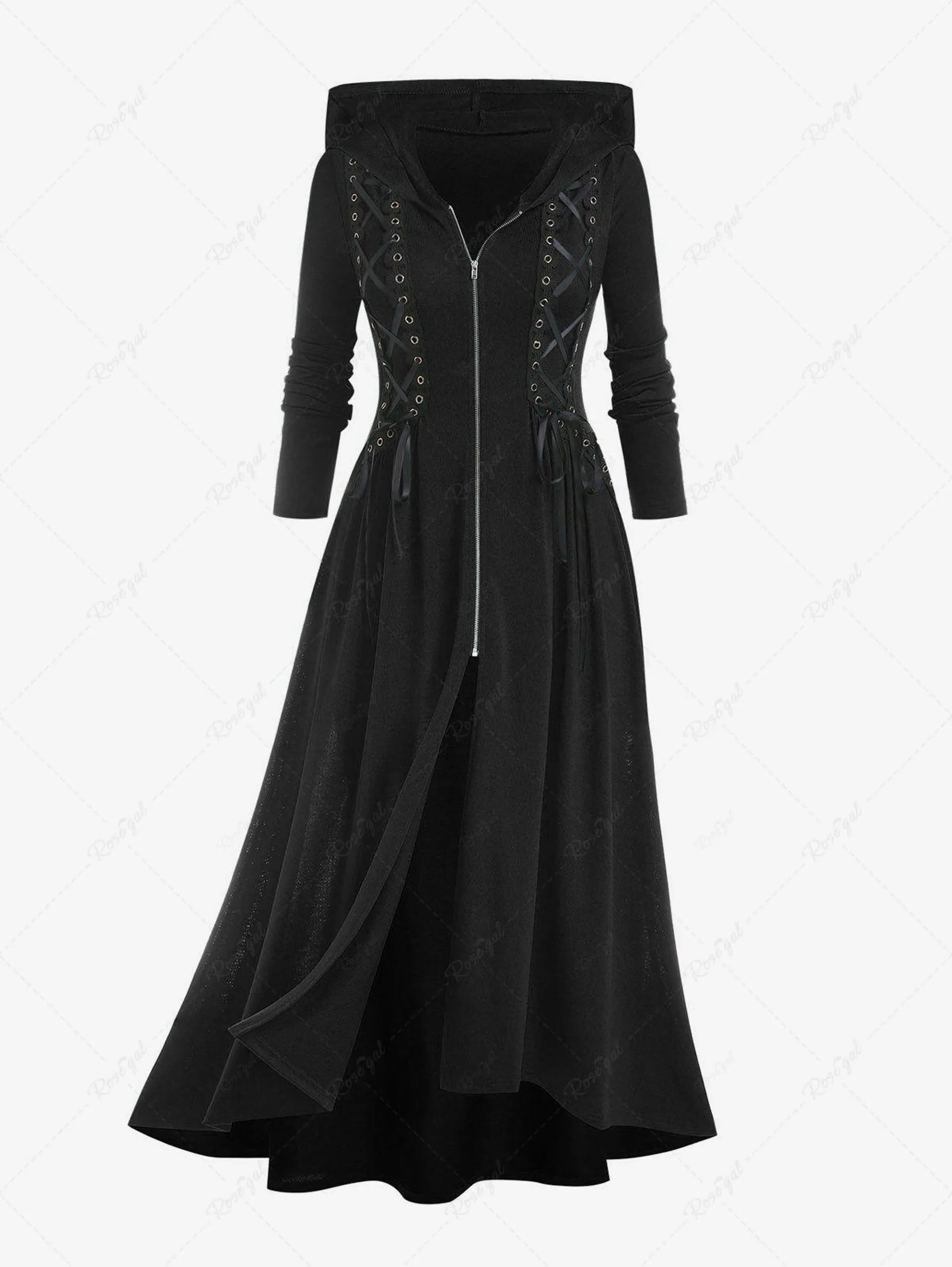 Plus Size Hooded Lace Up Front Zipper High Low Maxi Coat - 1x | Us 14-16