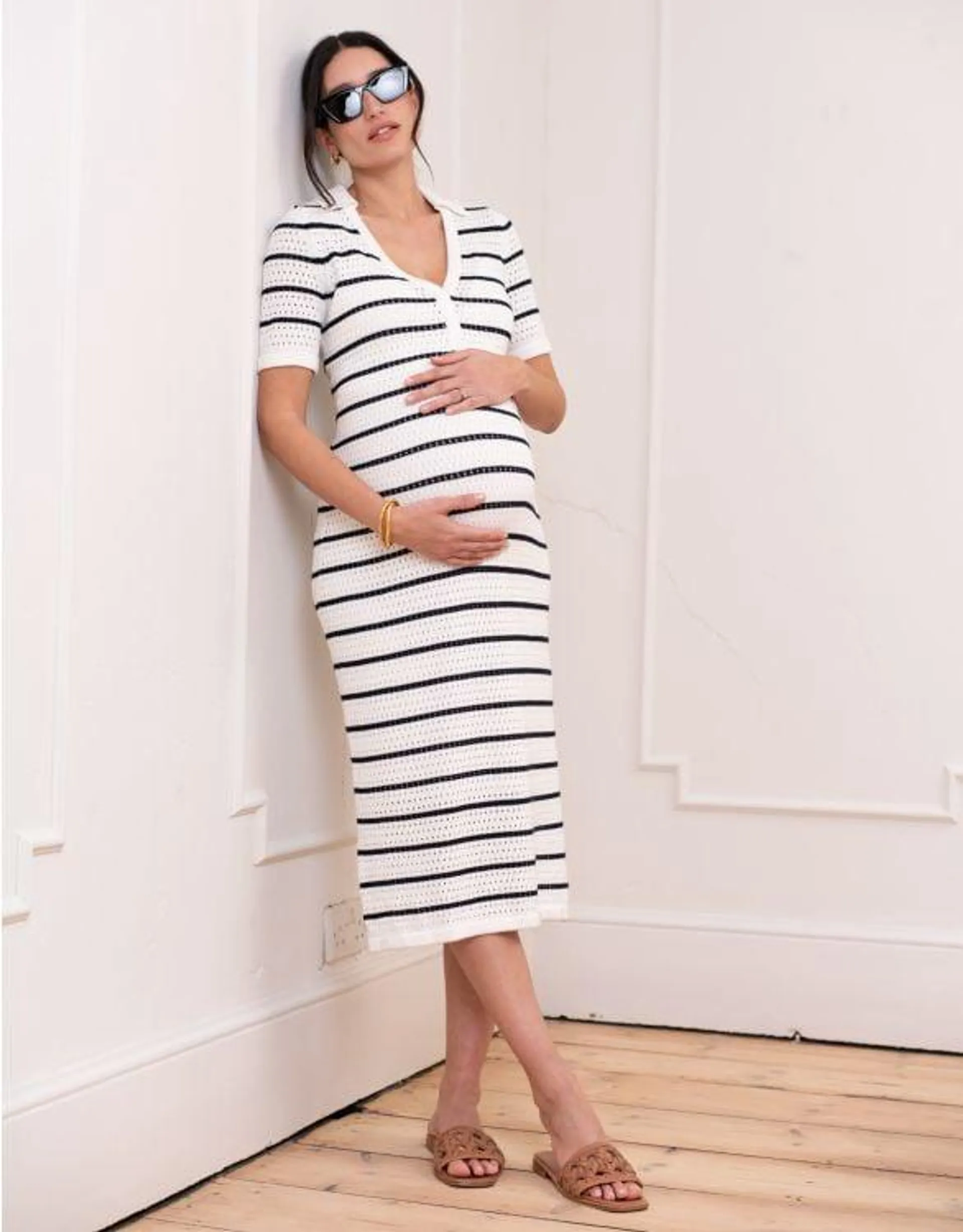 Crochet-Look Striped Collar Midi Maternity and Nursing Dress