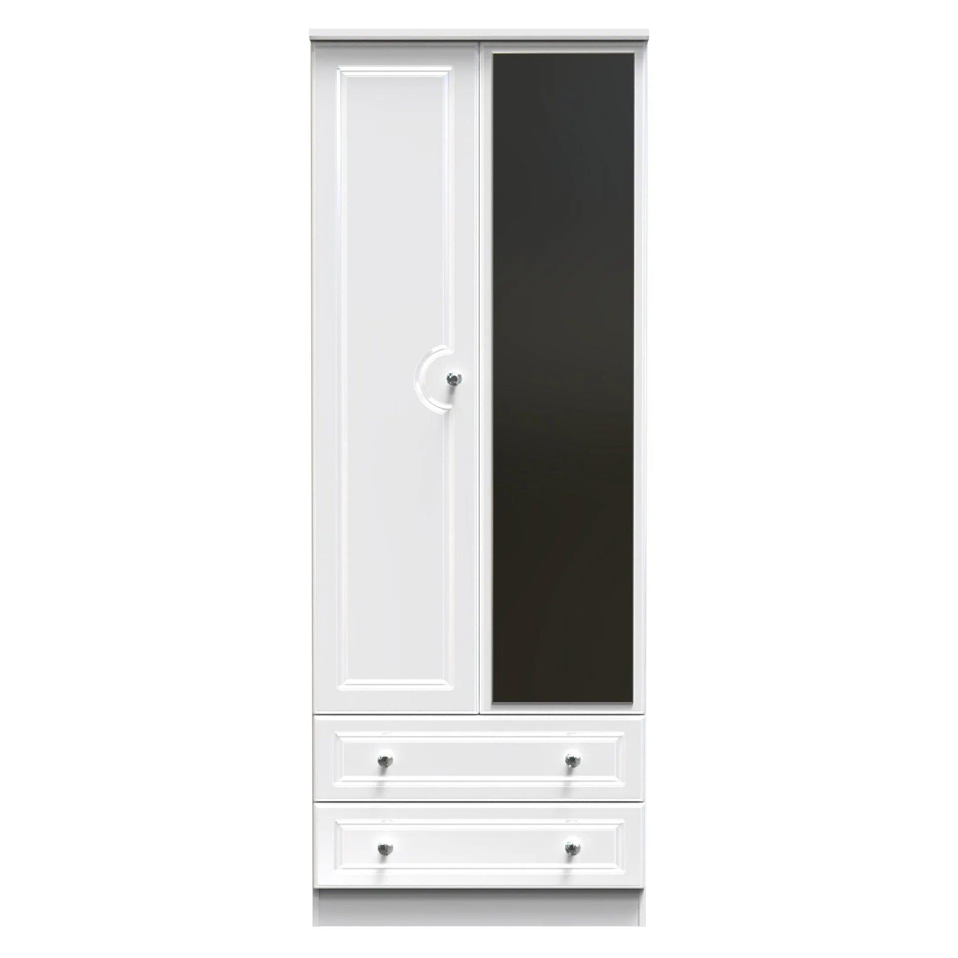 Lisbon Ready Assembled Wardrobe with 2 Doors and 2 Drawers with Mirror - White Gloss & White