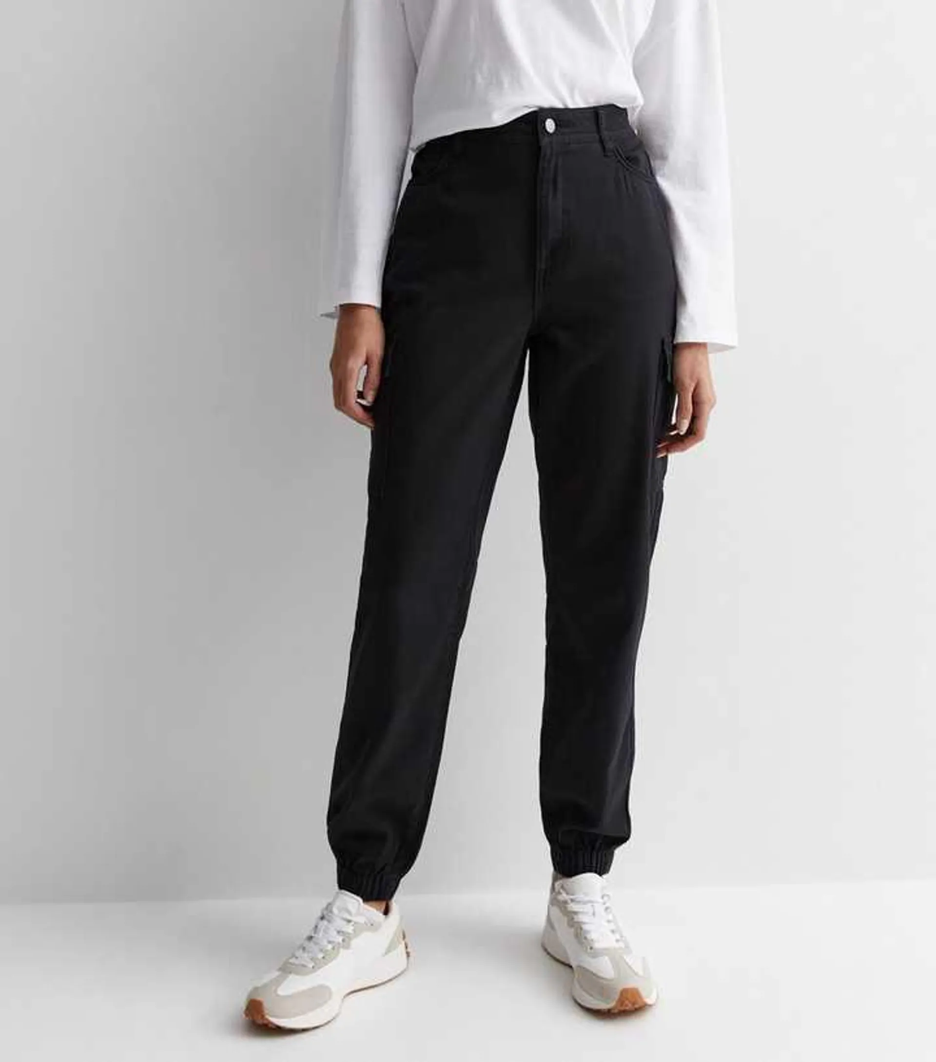 Black Denim Cuffed Cargo Trousers