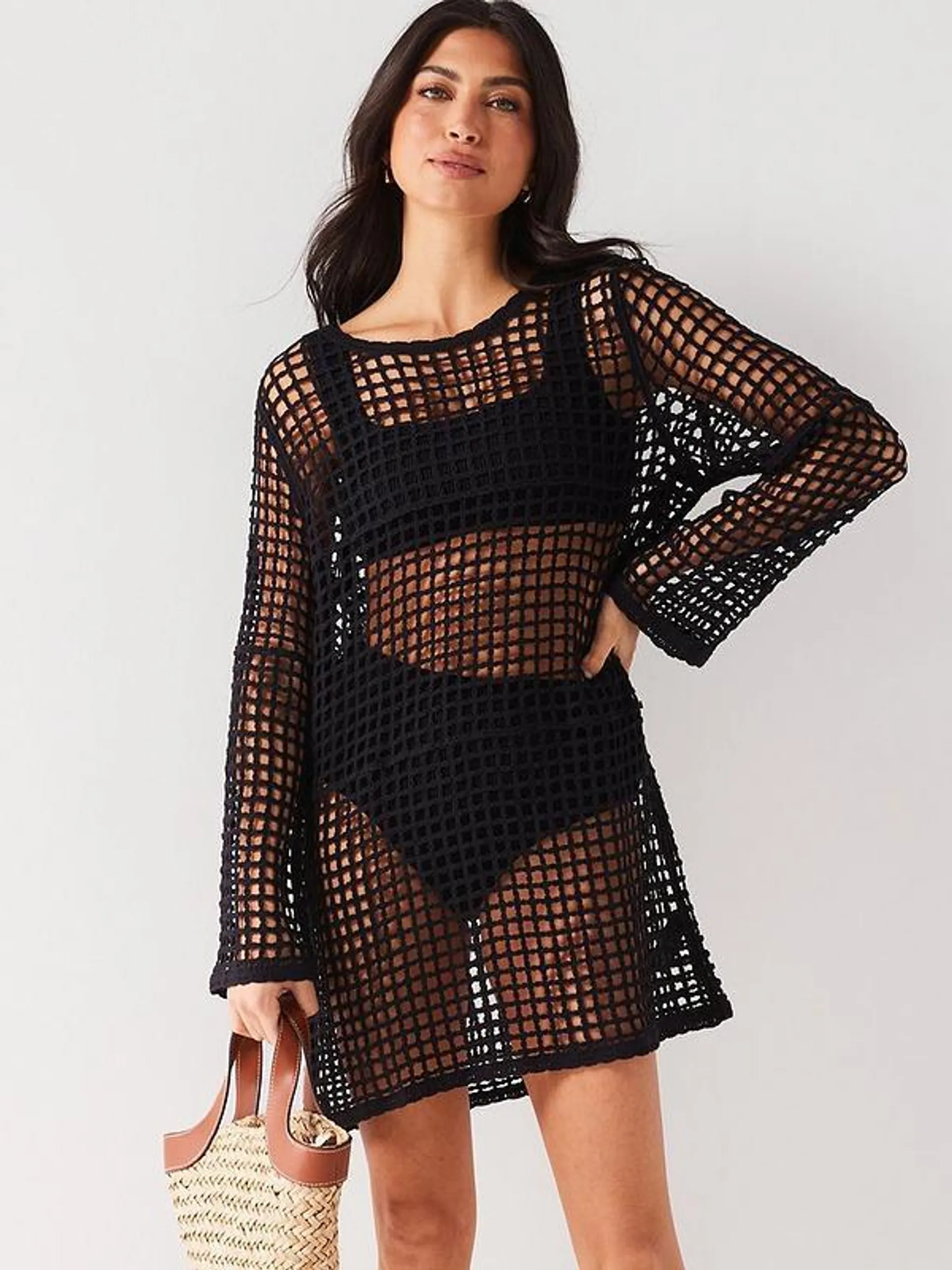 Long Sleeve Crochet Beach Cover Up - Black