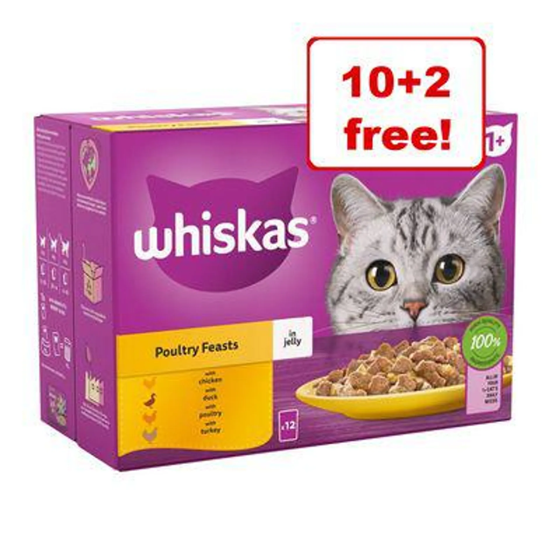 12 x 85g Whiskas 1+ Poultry Feasts in Jelly Wet Cat Food - 10 + 2 Free! *