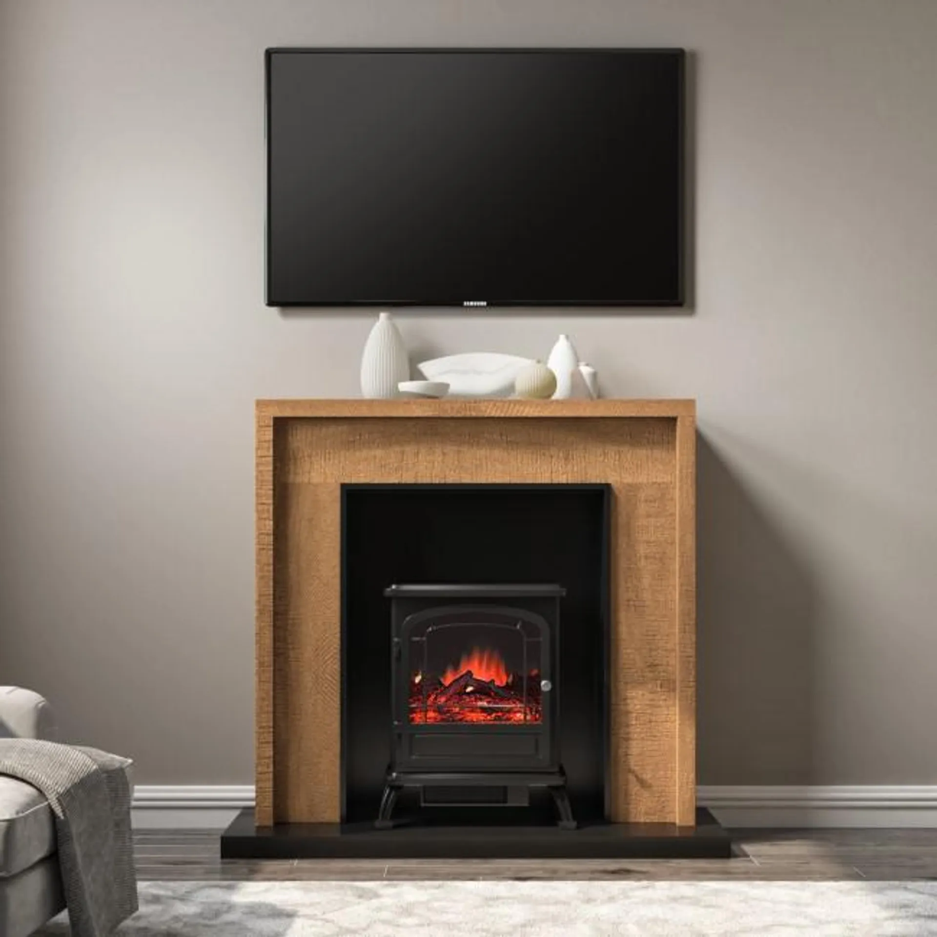 Oak Effect Electric Fireplace Suite with Black Stove- AmberGlo