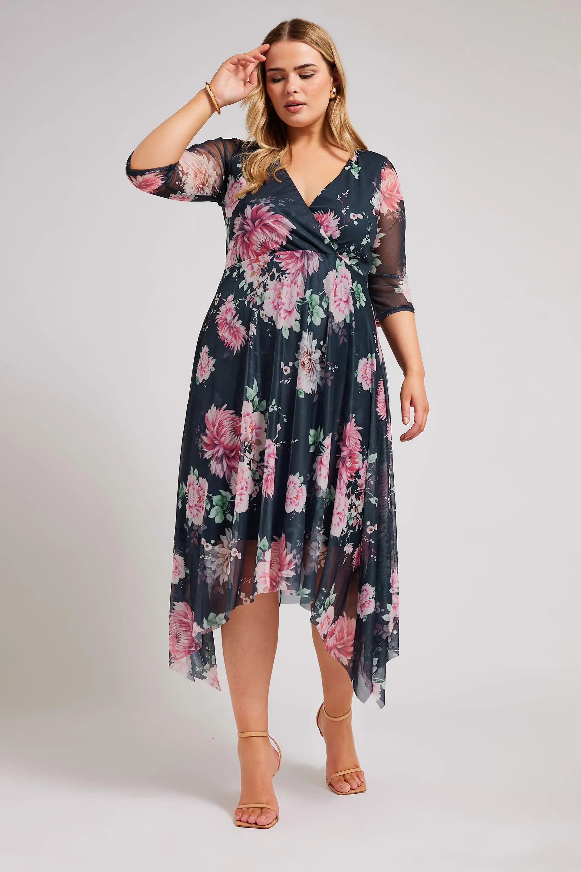 YOURS LONDON Curve Black Floral Print Wrap Midi Mesh Dress